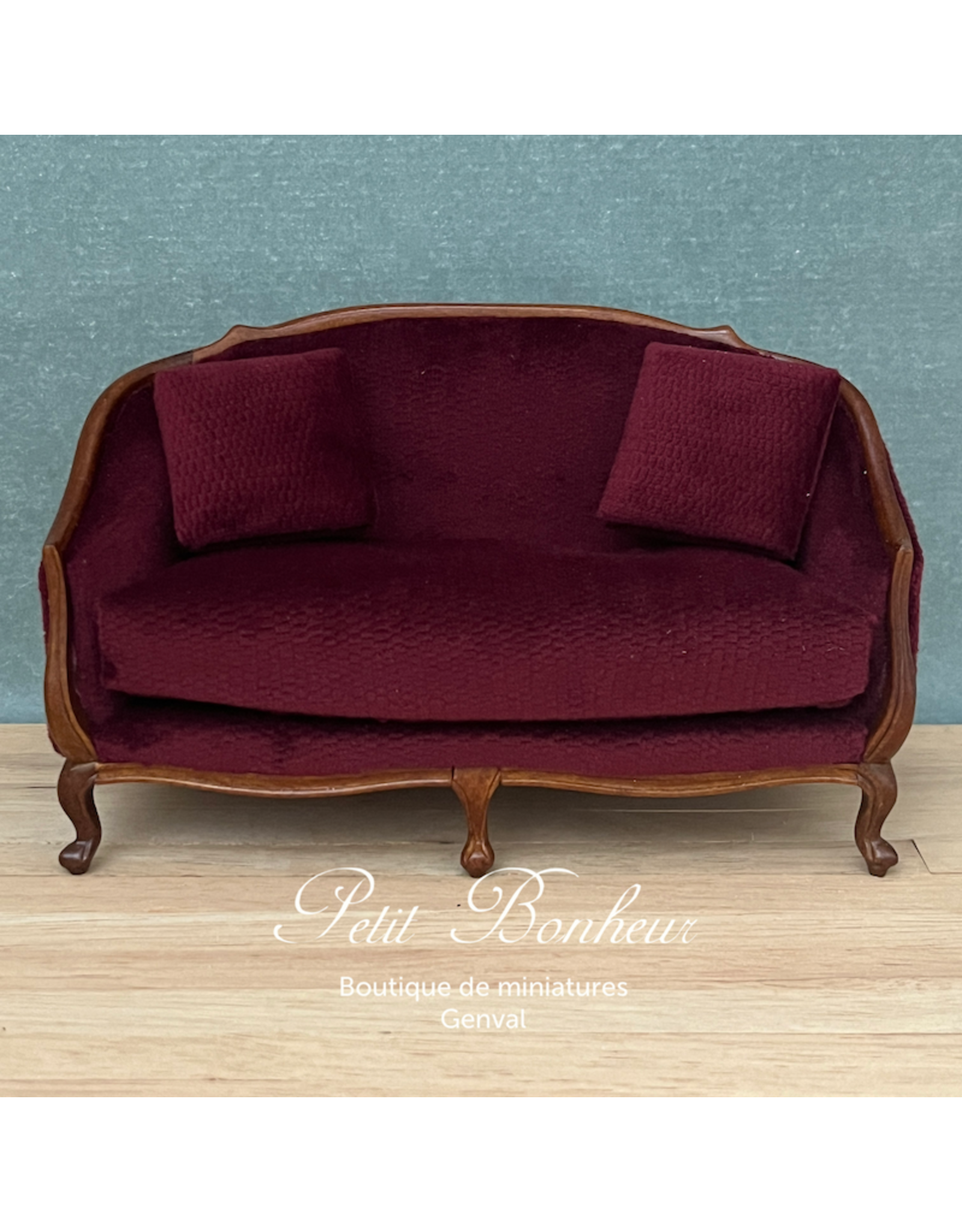 Sofa Louis XV noyer & velours violine miniature 1:12