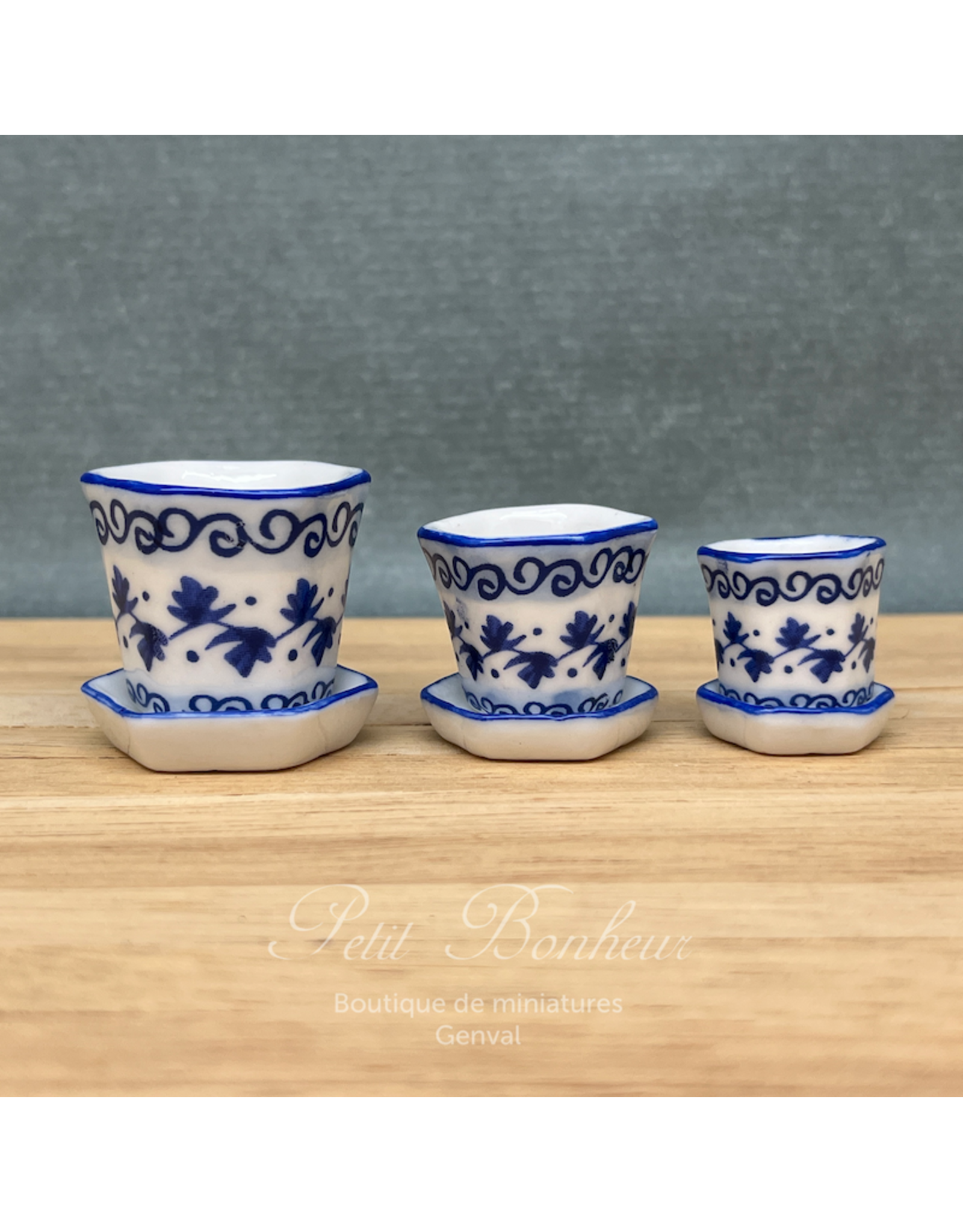 Ensemble de 3 pots de fleurs blanc & bleu avec coupelles