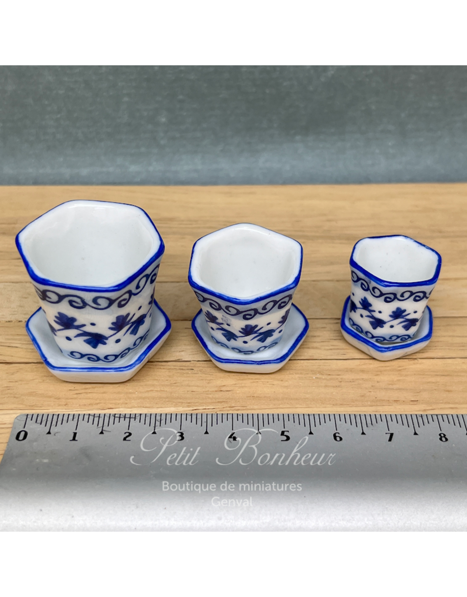 Ensemble de 3 pots de fleurs blanc & bleu avec coupelles