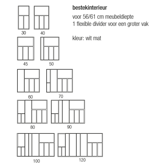 SieMatic Bestekinzet kunststof wit, uitsluitend passend in lades geleverd vanaf 2014. Voor leverbare maten zie afbeelding 2/productomschrijving (linksonder)   let op: Breedtemaat is kastbreedte, dus  buitenmaat van de kast