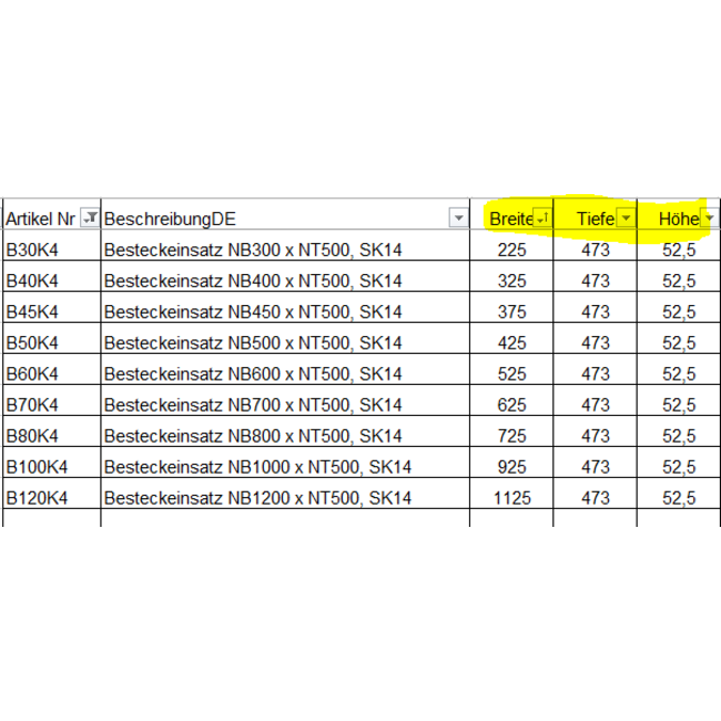 SieMatic Bestekinzet kunststof wit, uitsluitend passend in lades geleverd vanaf 2014. Voor leverbare maten zie afbeelding 2/productomschrijving (linksonder)   let op: Breedtemaat is kastbreedte, dus  buitenmaat van de kast