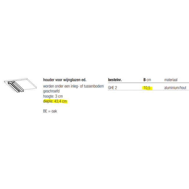 SieMatic Glashouder GHE2, aluminium/blank eiken, b=105mm, h=30mm, L =434mm