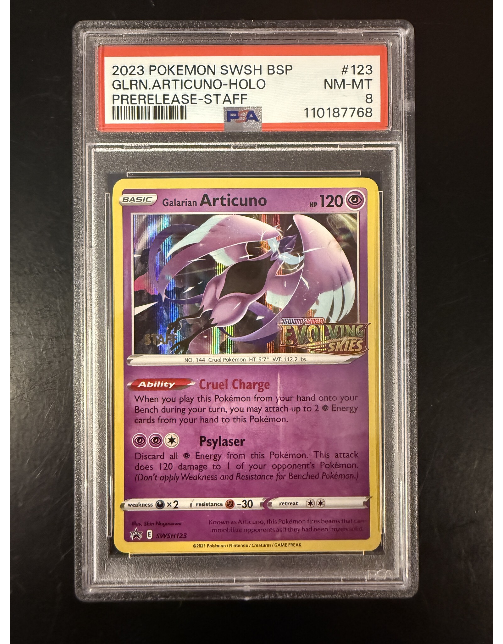 Galarian Articuno STAFF Evolving Skies Prerelease SWSH123 PSA 8
