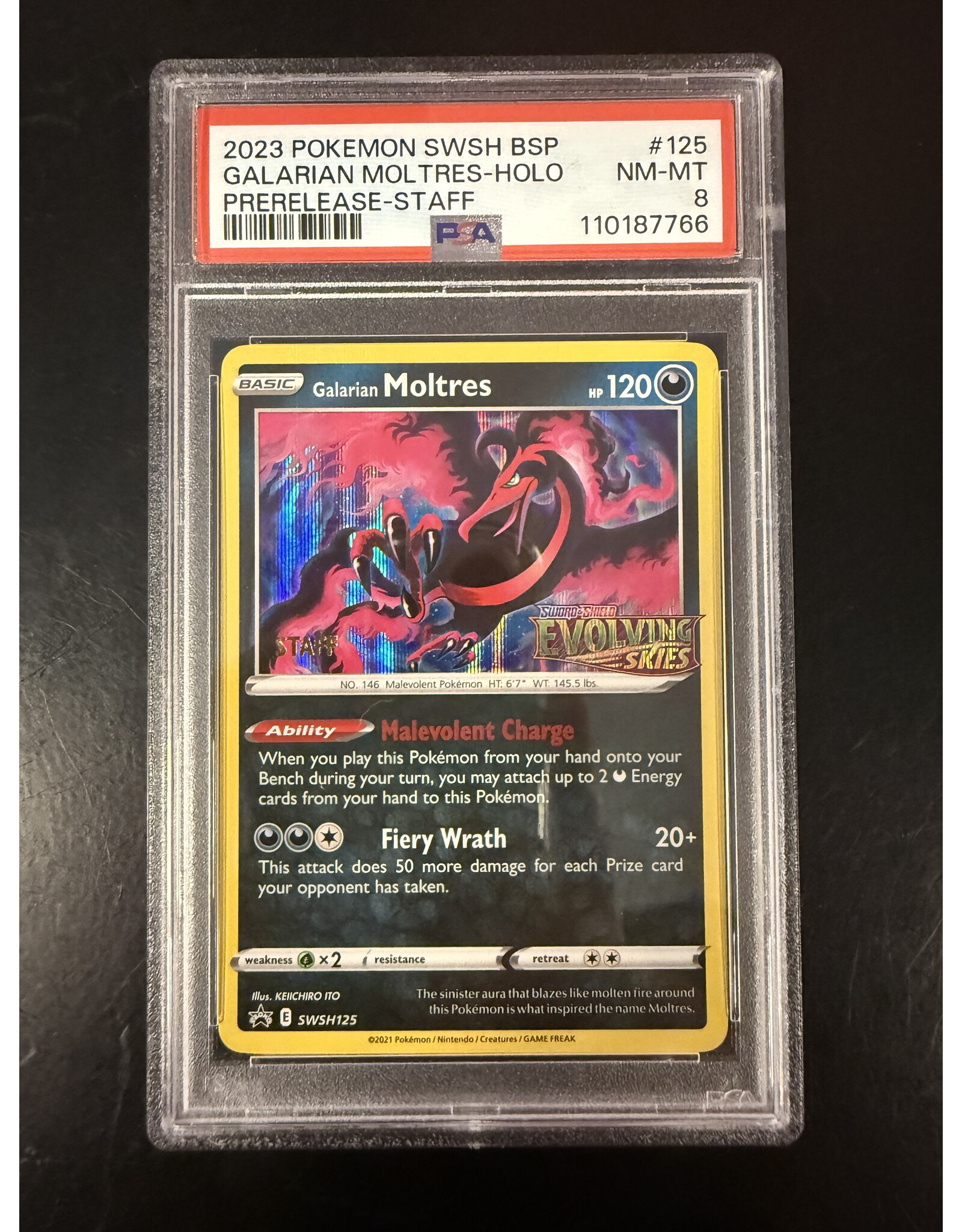 Galarian Moltres STAFF Evolving Skies Prerelease SWSH125 PSA 8