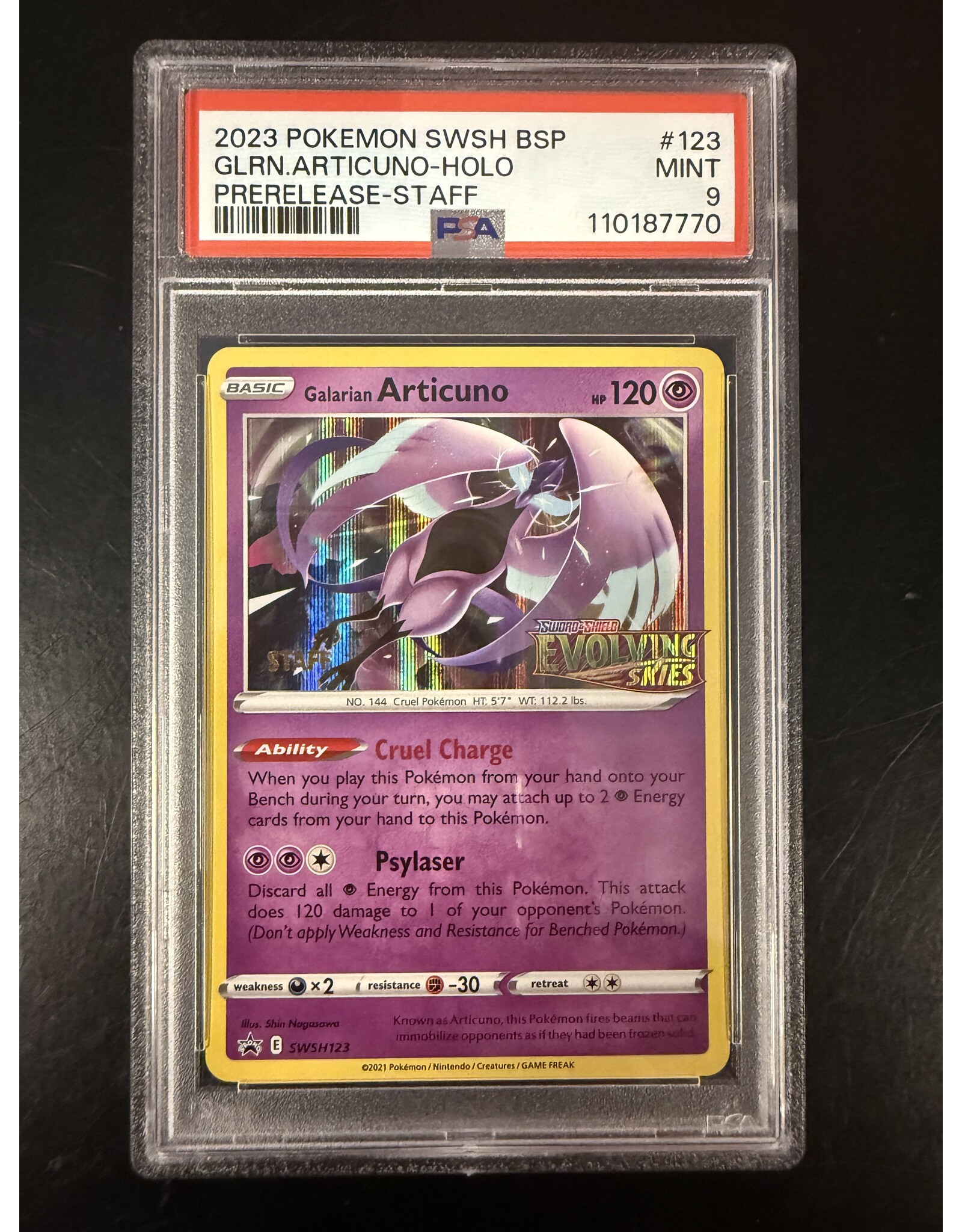 Galarian Articuno STAFF Evolving Skies Prerelease SWSH123 PSA 9