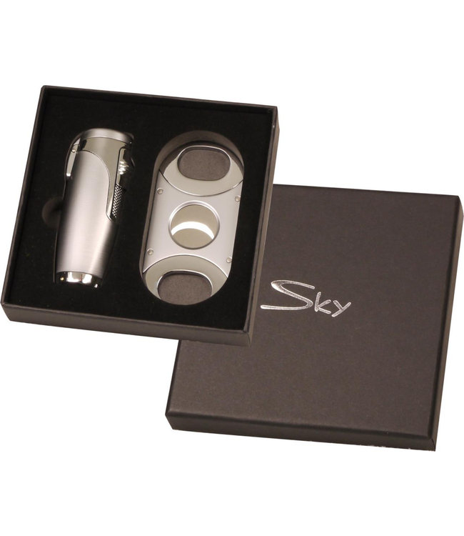 SKY 3-Flammen Jet-Feuerzeug und Zigarrenabschneider chrom im Geschenkset