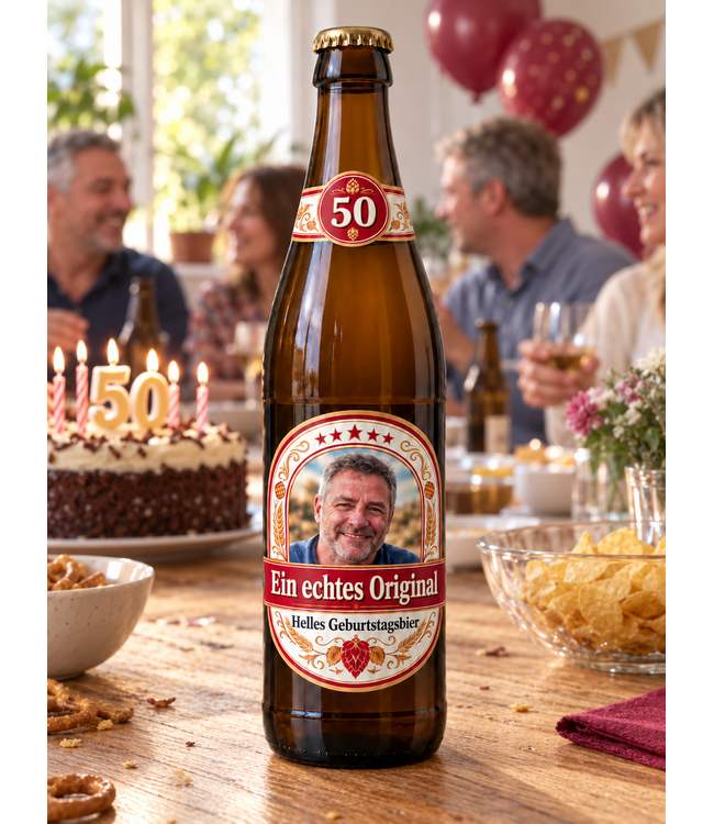 Personalisierte Bieretiketten mit Foto und Wunschtext – Set mit Halsetikett zum Geburtstag
