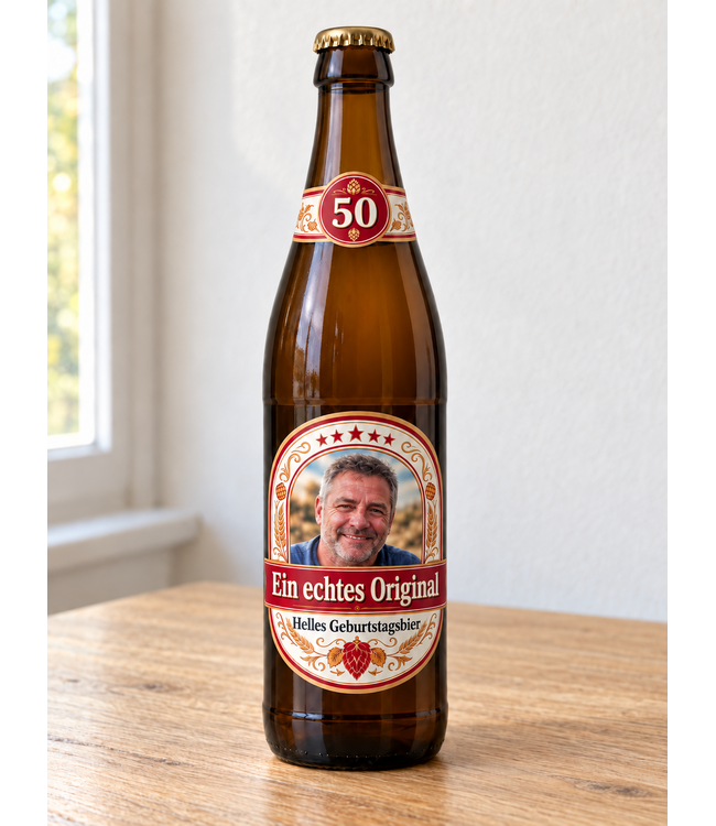 Personalisierte Bieretiketten mit Foto und Wunschtext – Set mit Halsetikett zum Geburtstag
