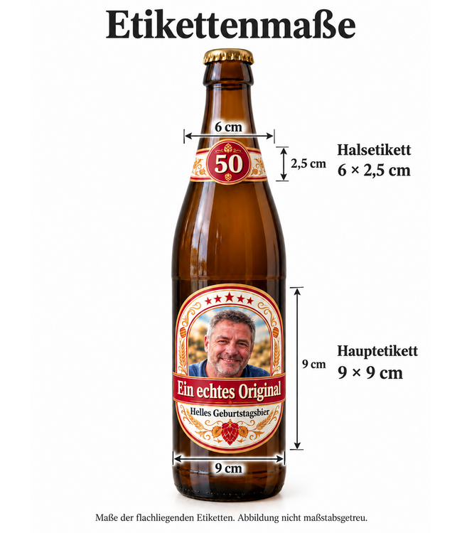 Personalisierte Bieretiketten mit Foto und Wunschtext – Set mit Halsetikett zum Geburtstag