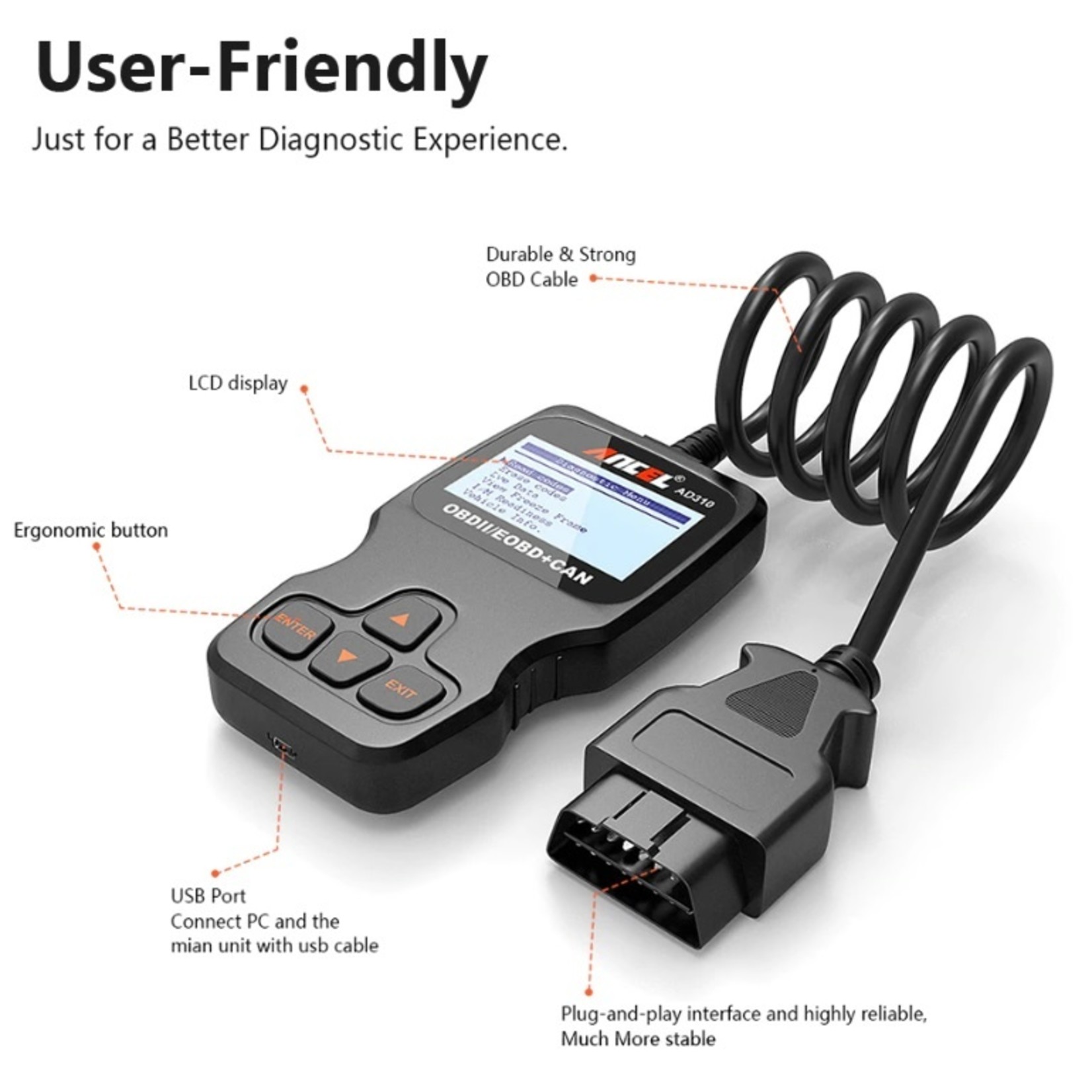 staal voorkant Bediende AD310 OBD2 EOBD CAN Handscanner - HE Products