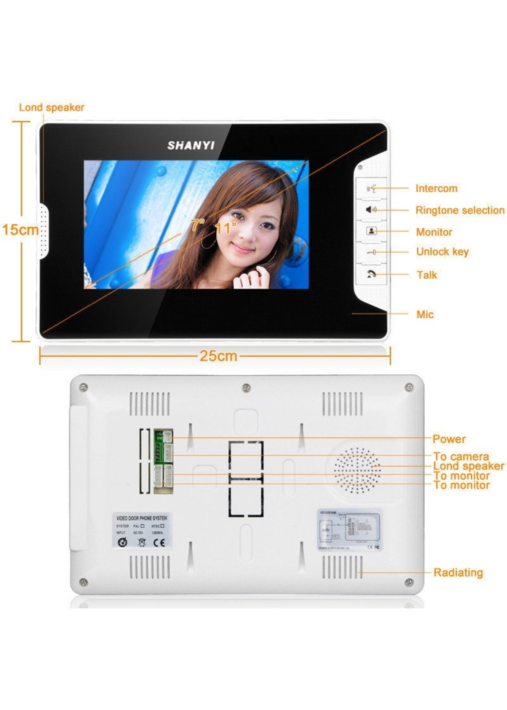 Deurbel met 7 inch scherm - Intercom met draad Deurintercom - 7 inch kleurenmonitor