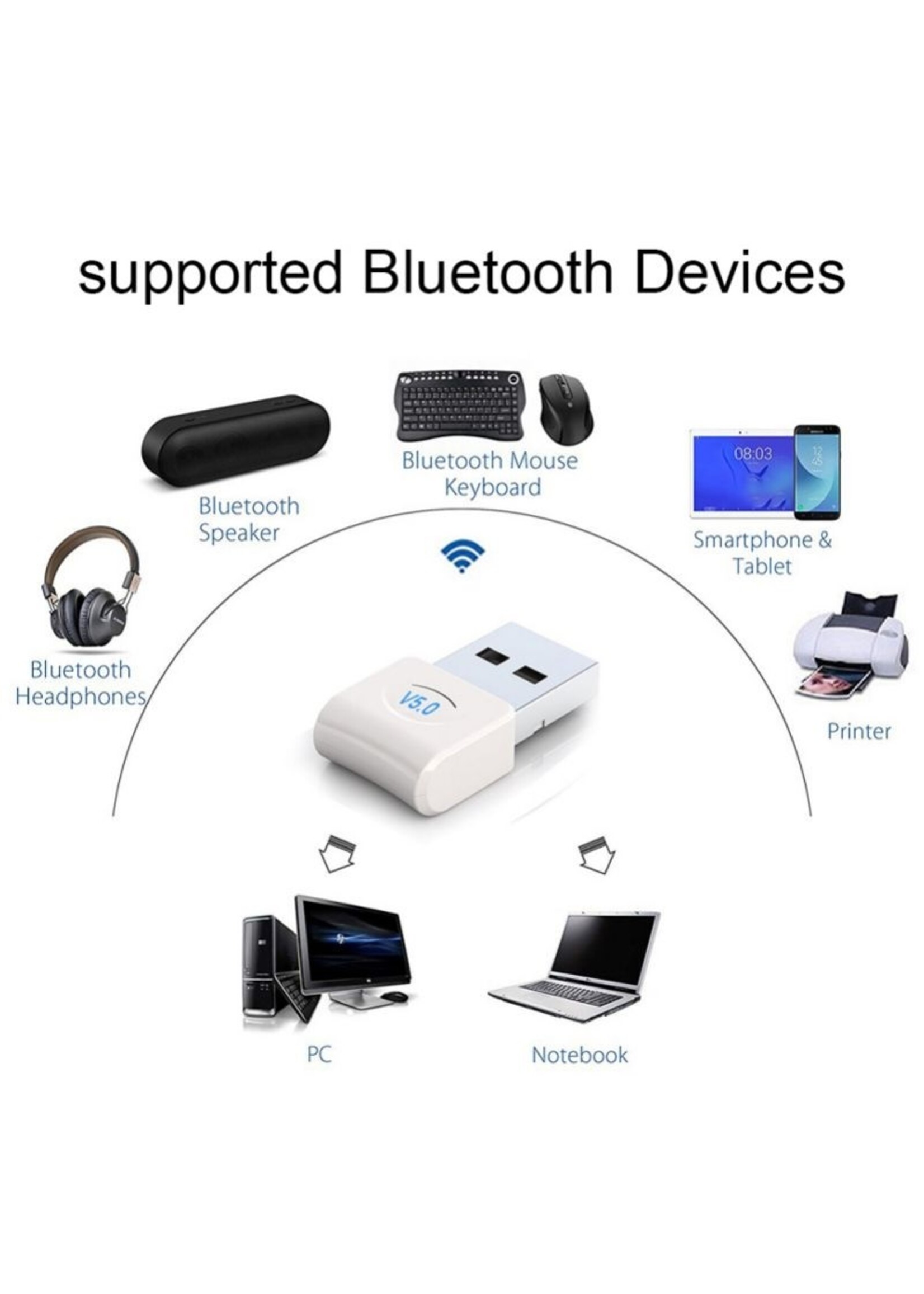 Bluetooth CSR 5.0 Dongle - Mini Bluetooth 5.0 USB Adapter – Dongle - Bluetooth adapter - draadloze dongle - verbind meerdere bluetooth apparaten