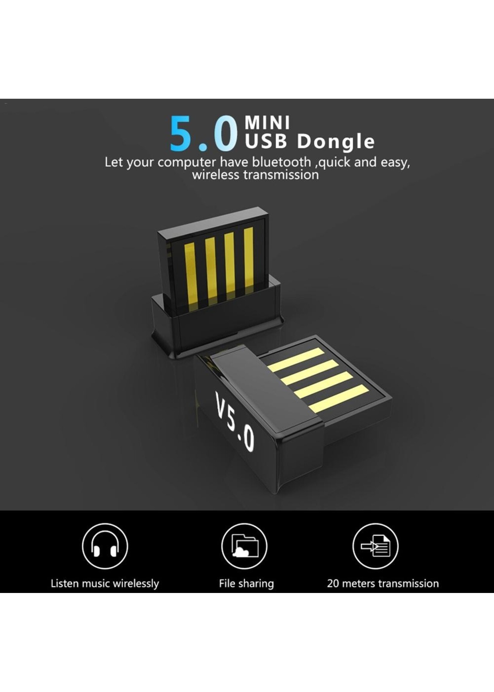 1 STUKS Bluetooth CSR 5.0 Dongle - Mini Bluetooth 5.0 USB Adapter – Dongle - Bluetooth adapter - draadloze dongle - verbind meerdere bluetooth apparaten
