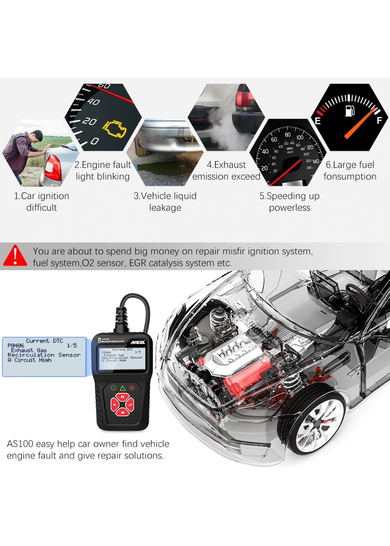 Ancel ANCEL AS100 OBD2 Scanner Live Data OBD 2 Automotive Scanner Meertalige Auto Diagnostic Tool voor Motor OBD2 Foutcodelezer PK CR3001