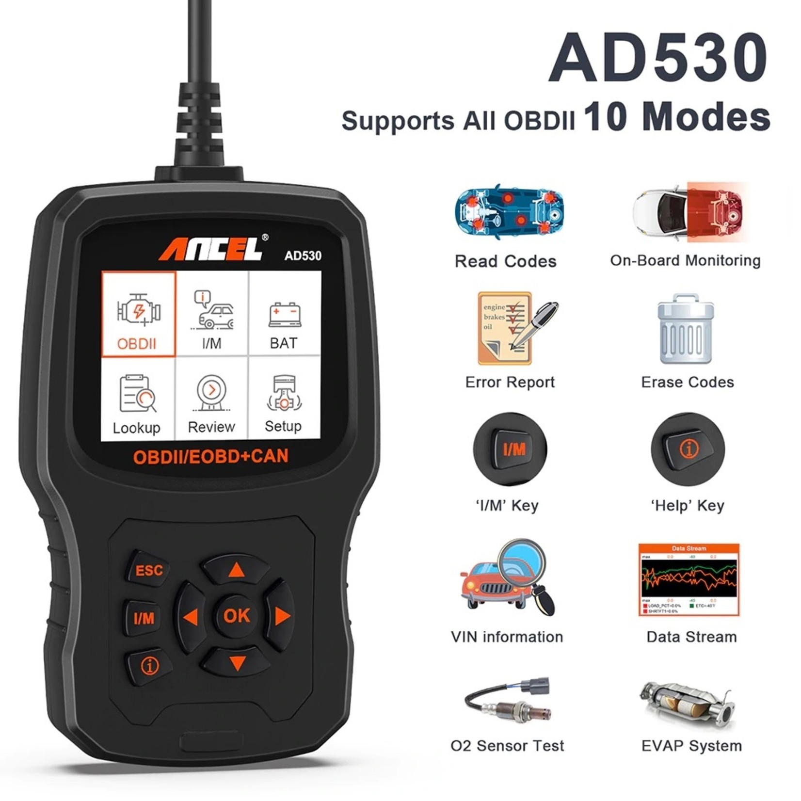 Ancel ANCEL AD530 OBD II Auto Code Reader Volledige OBD Modes Voertuigmotor fout Automotive OBD2 Scanner Diagnostische Scan Tool met Batterij Tester Functie