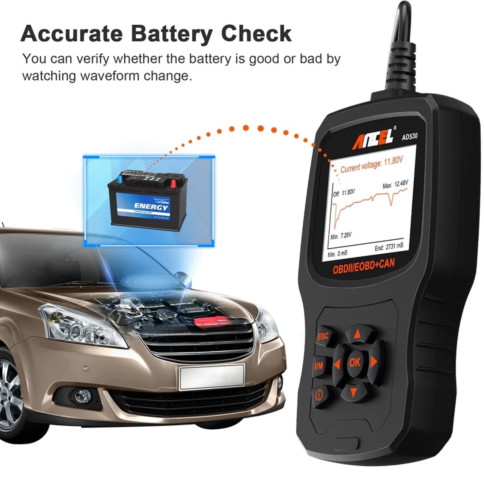 Ancel ANCEL AD530 OBD II Auto Code Reader Volledige OBD Modes Voertuigmotor fout Automotive OBD2 Scanner Diagnostische Scan Tool met Batterij Tester Functie