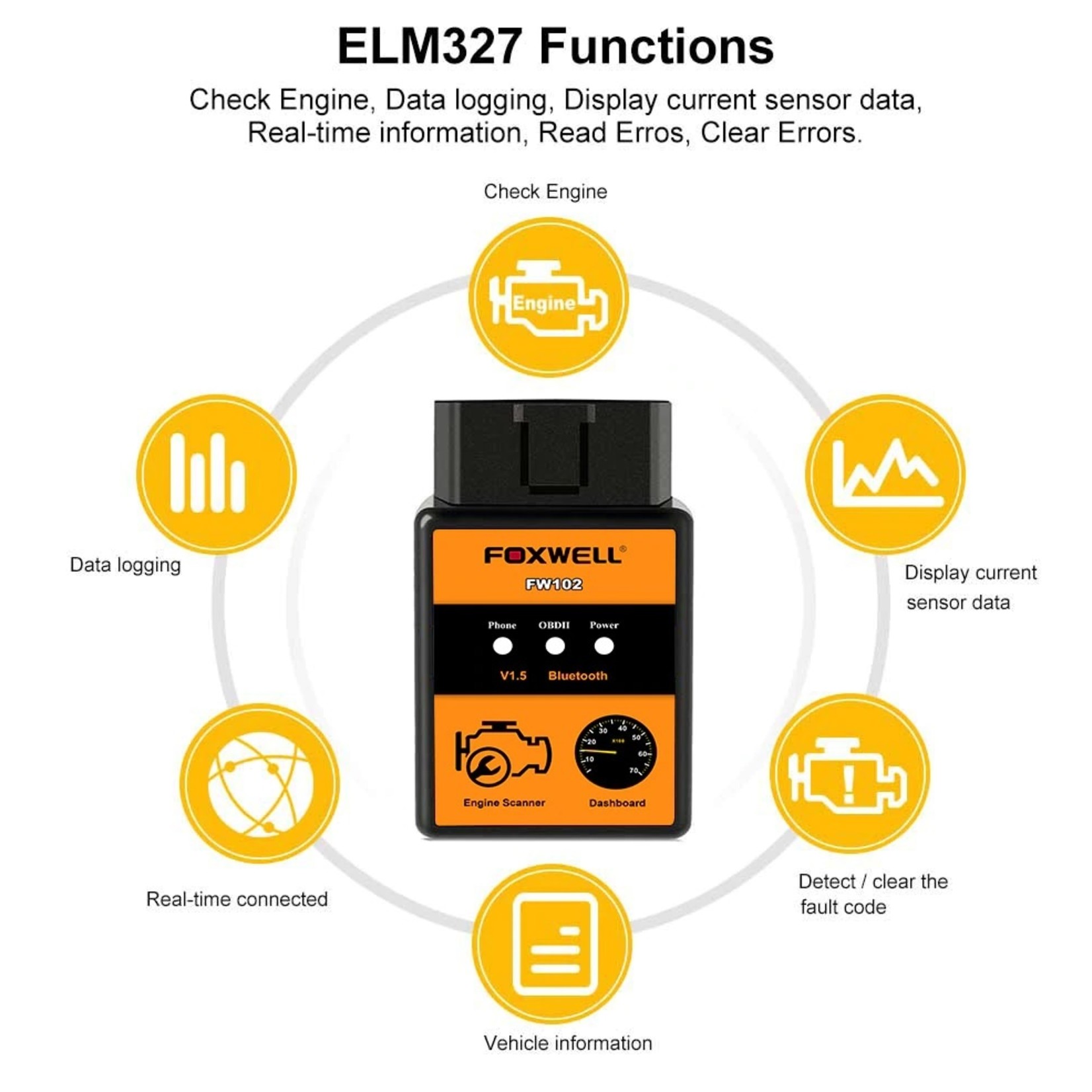 Foxwell FOXWELL FW102 - V1.5 ELM327 codelezer – Bluetooth scanner - OBD2 scanner - diagnose gereedschap - tool