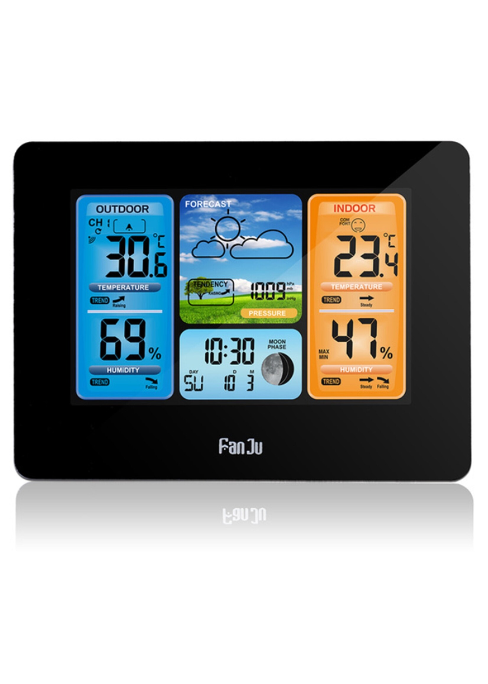 FanJu FJ3378 Digitale wekker Weerstation Binnen Buiten Temperatuur-vochtigheidsmeter Maanfase Weersverwachting USB-oplader