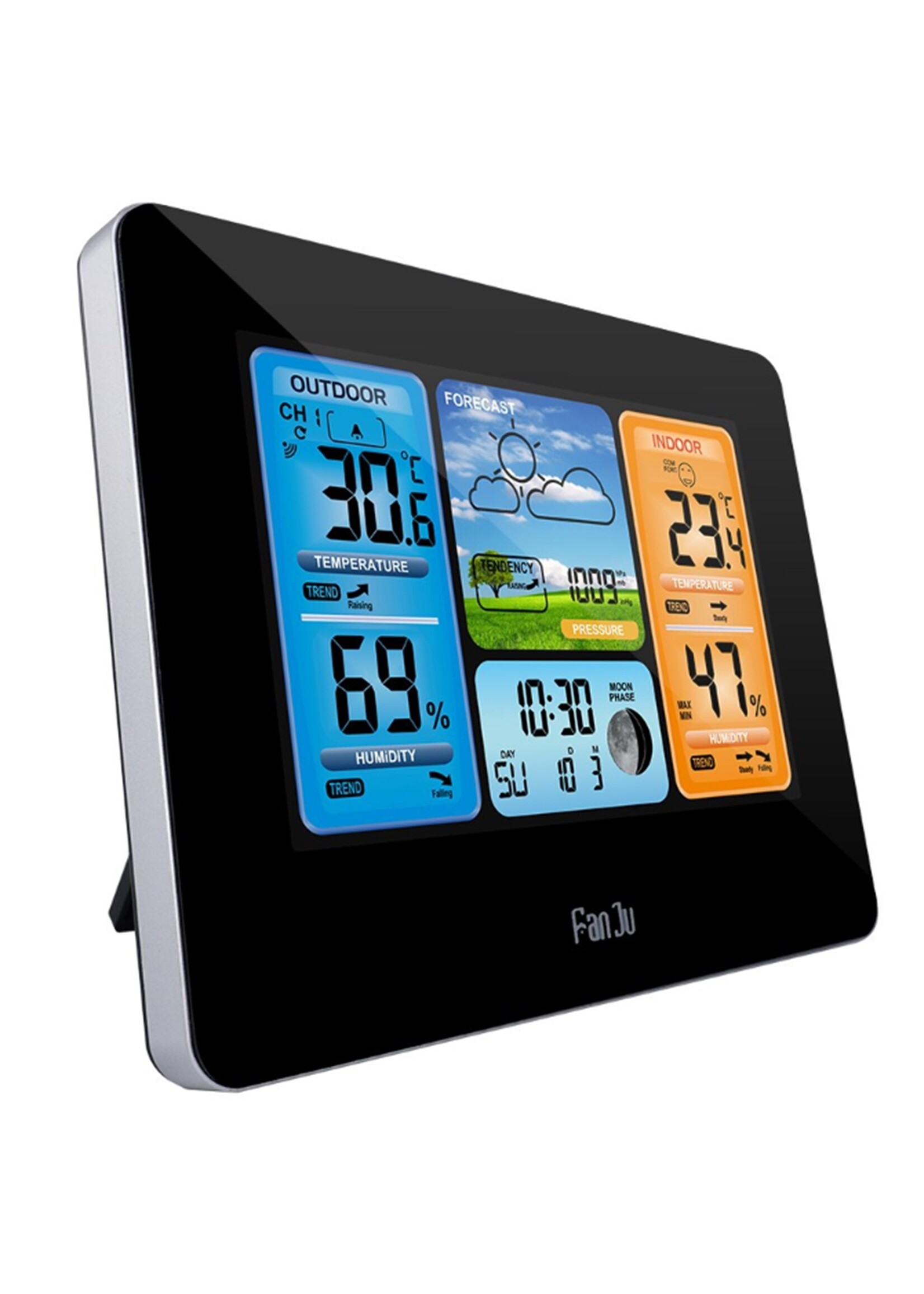FanJu FJ3378 Digitale wekker Weerstation Binnen Buiten Temperatuur-vochtigheidsmeter Maanfase Weersverwachting USB-oplader