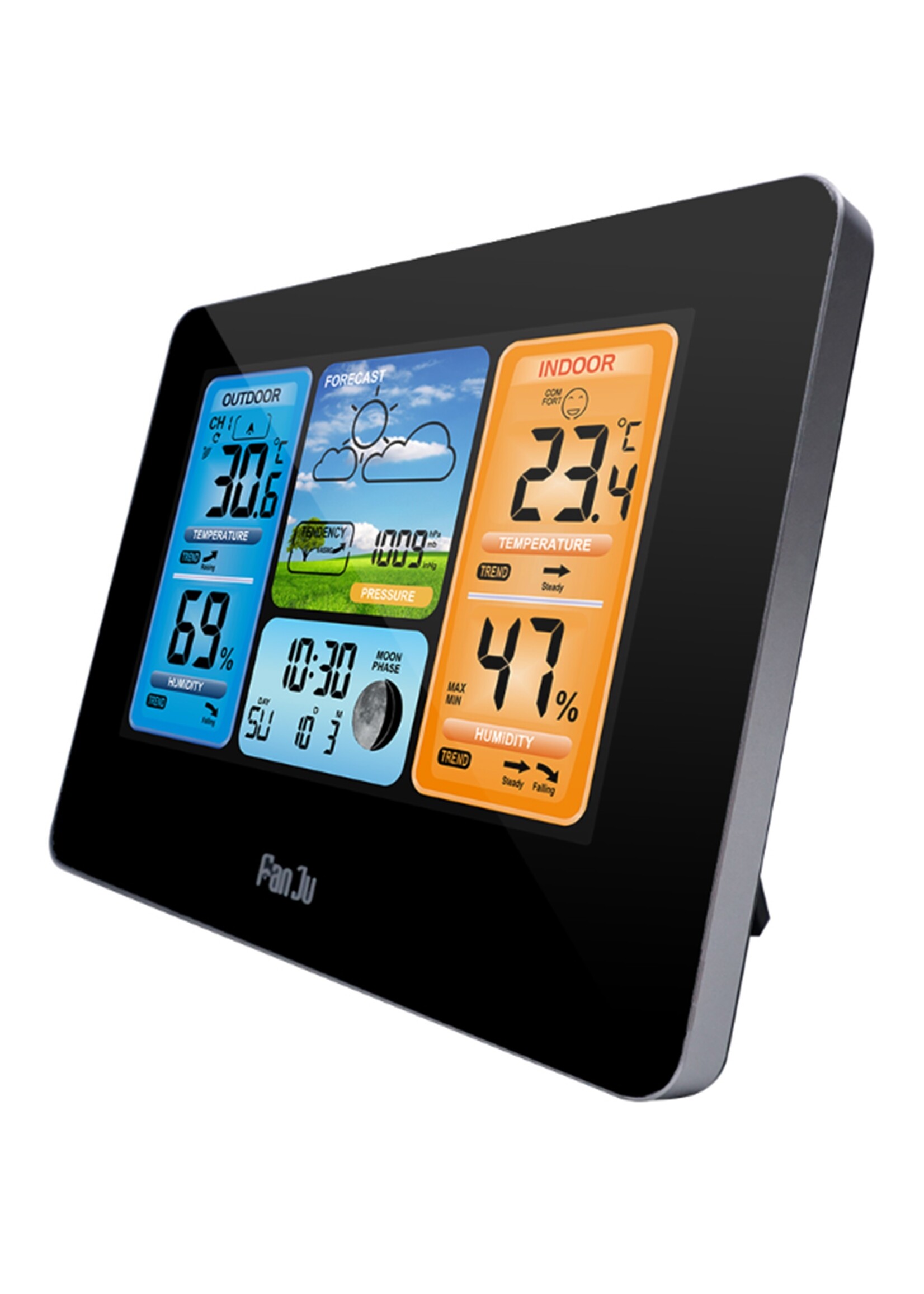 FanJu FJ3378 Digitale wekker Weerstation Binnen Buiten Temperatuur-vochtigheidsmeter Maanfase Weersverwachting USB-oplader