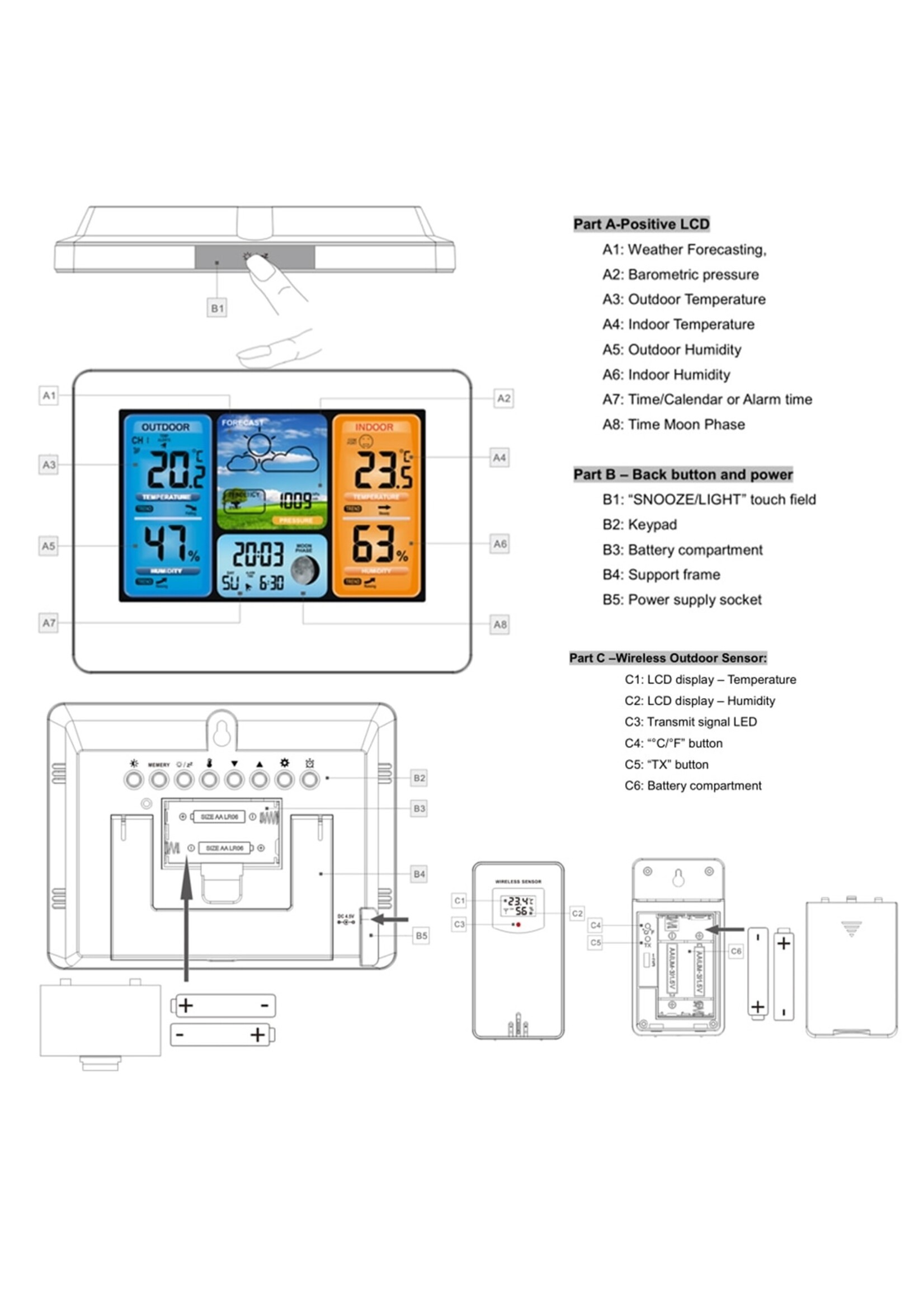 FanJu FJ3378 Digitale wekker Weerstation Binnen Buiten Temperatuur-vochtigheidsmeter Maanfase Weersverwachting USB-oplader