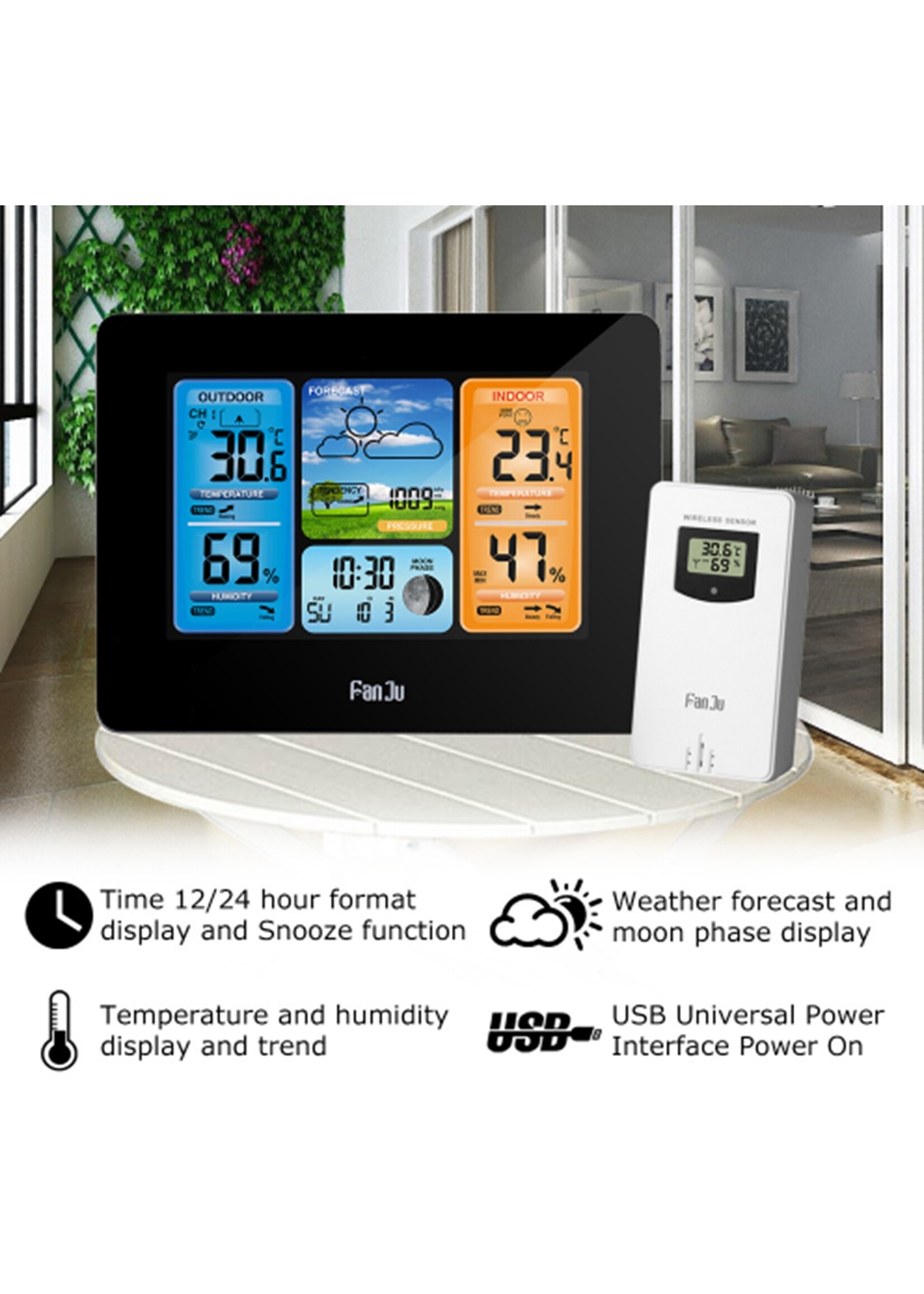 FanJu FJ3378 Digitale wekker Weerstation Binnen Buiten Temperatuur-vochtigheidsmeter Maanfase Weersverwachting USB-oplader