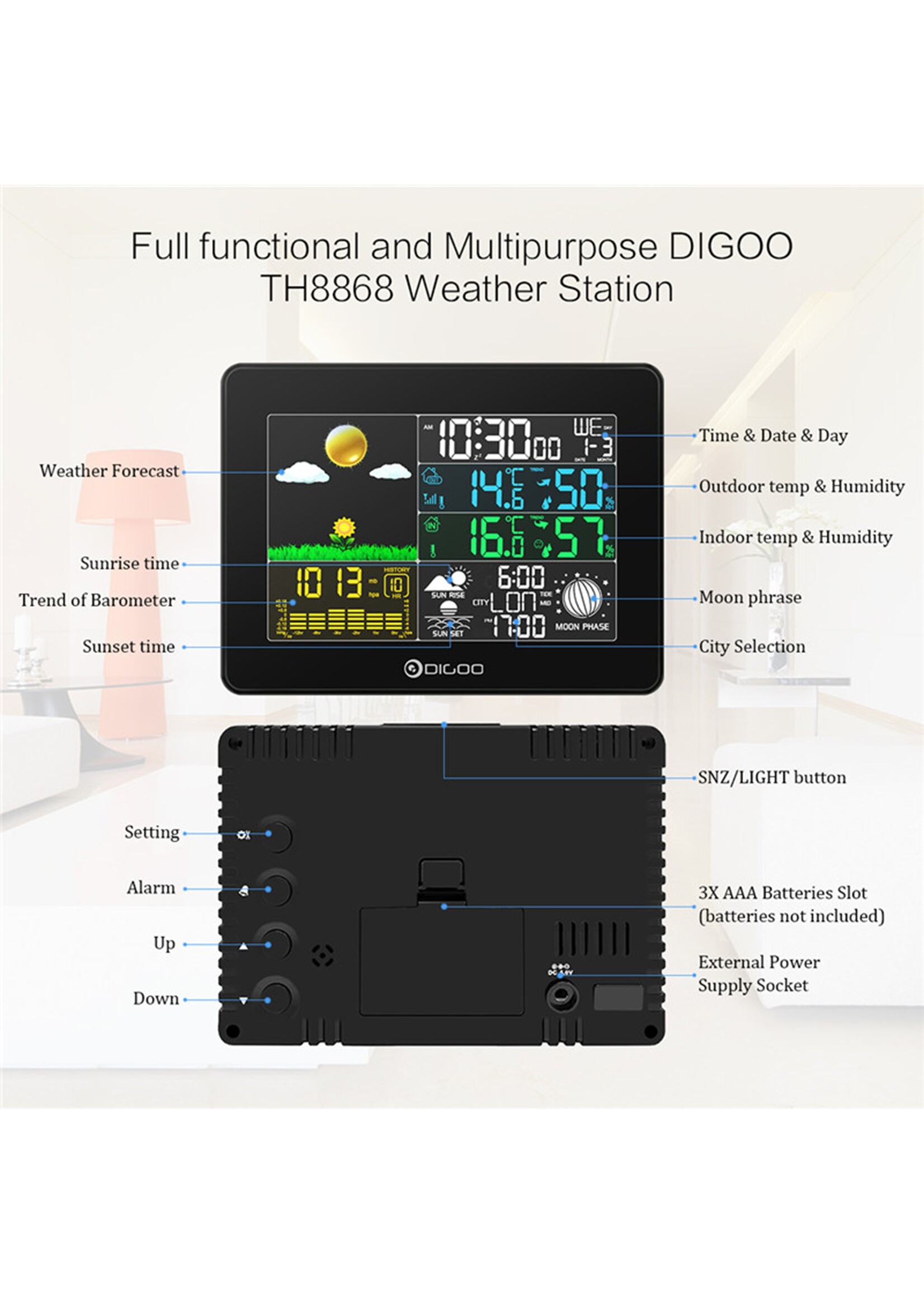 Digitaal Weerstation - Weerstation - Draadloos Digitaal Weerstation - Digoo DG-TH8868
