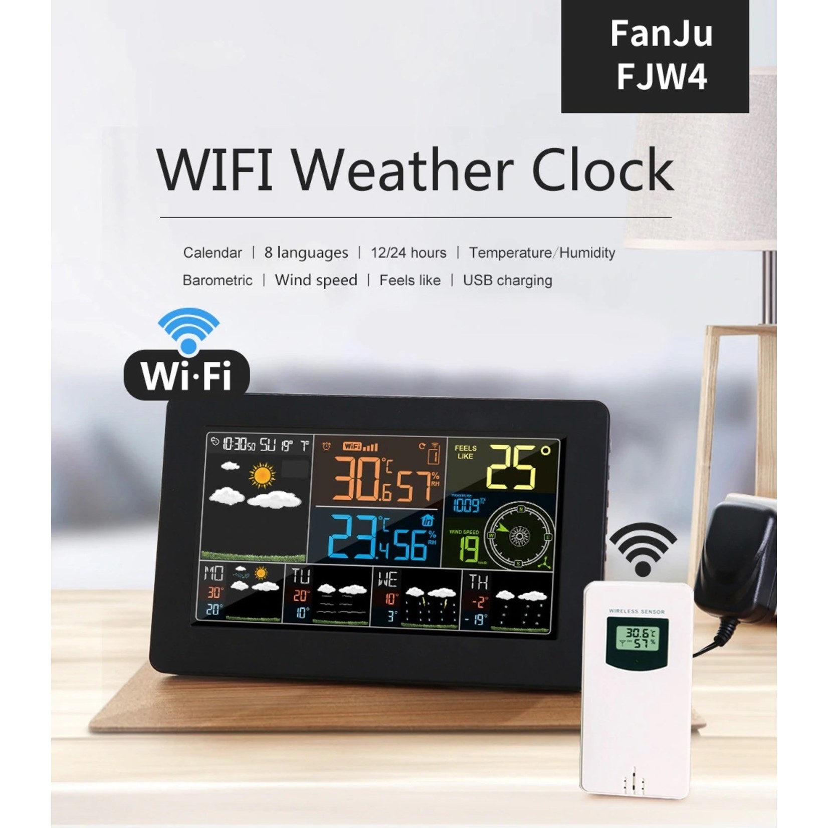 FanJu FJW4 Digitale Wekker Weerstation wifi Binnen Buiten Temperatuur Vochtigheid Klok