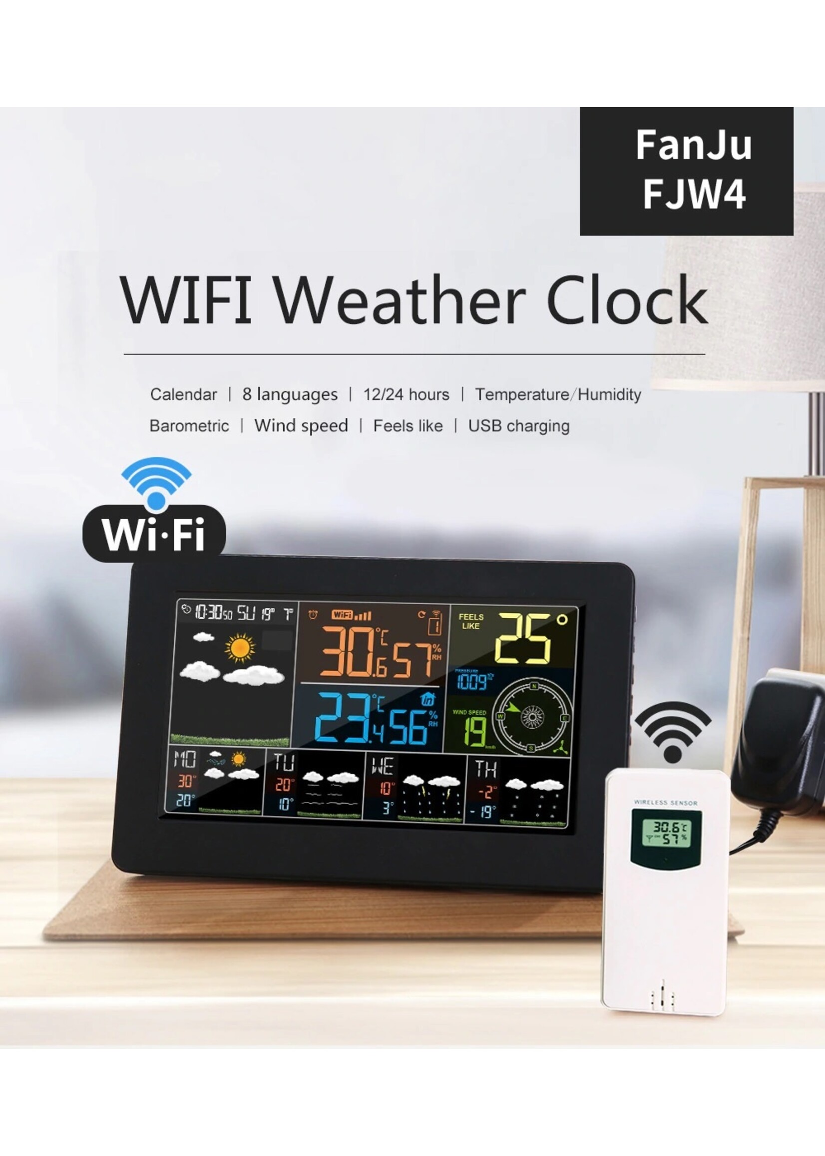 FanJu FJW4 Digitale Wekker Weerstation wifi Binnen Buiten Temperatuur Vochtigheid Klok