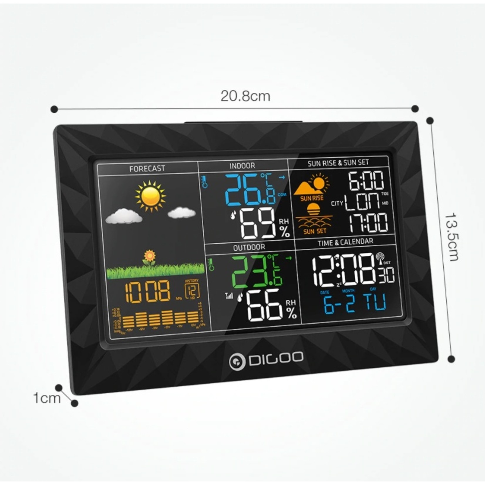 DIGOO DG-TH8988 LCD-kleur binnen Weerstation voor buiten + afstandssensor Thermometer Snooze-klok Zonsopgang Zonsondergangweergave