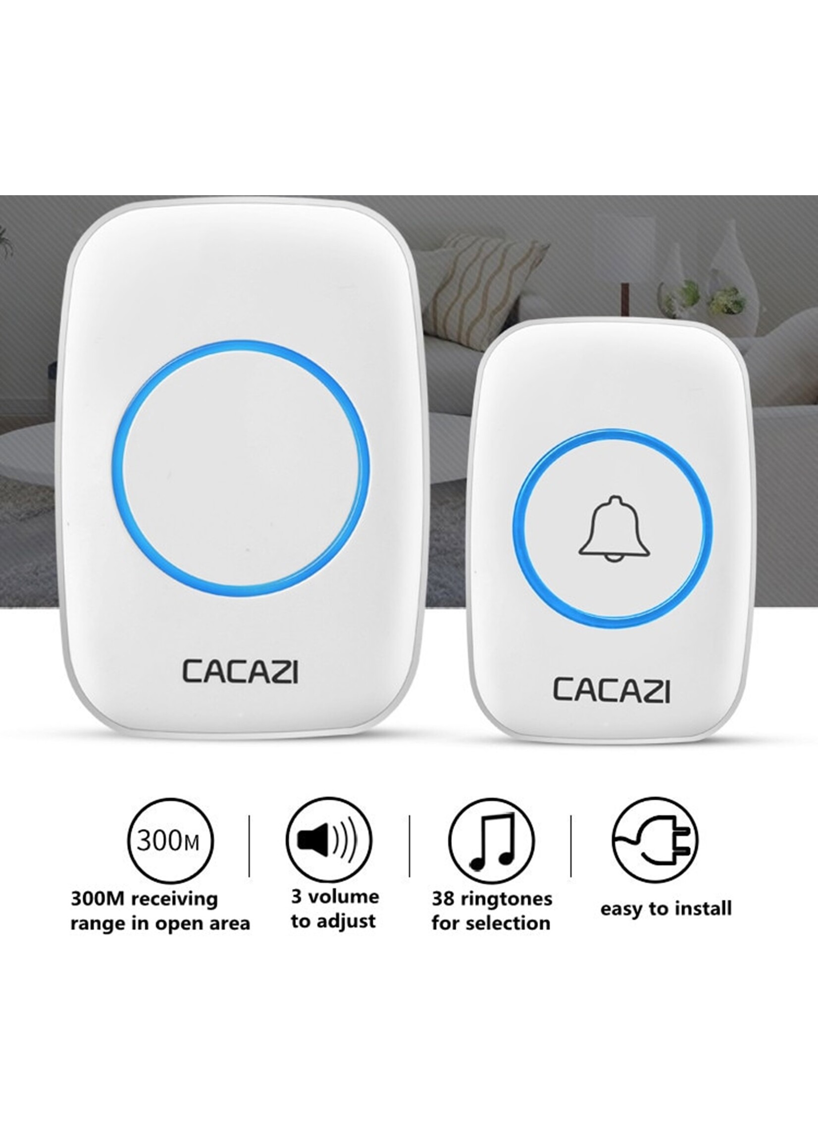 CACAZI Deurbel - Waterdicht - 300M Afstandsbediening - Draadloze Deurbel - 38 Melodieën