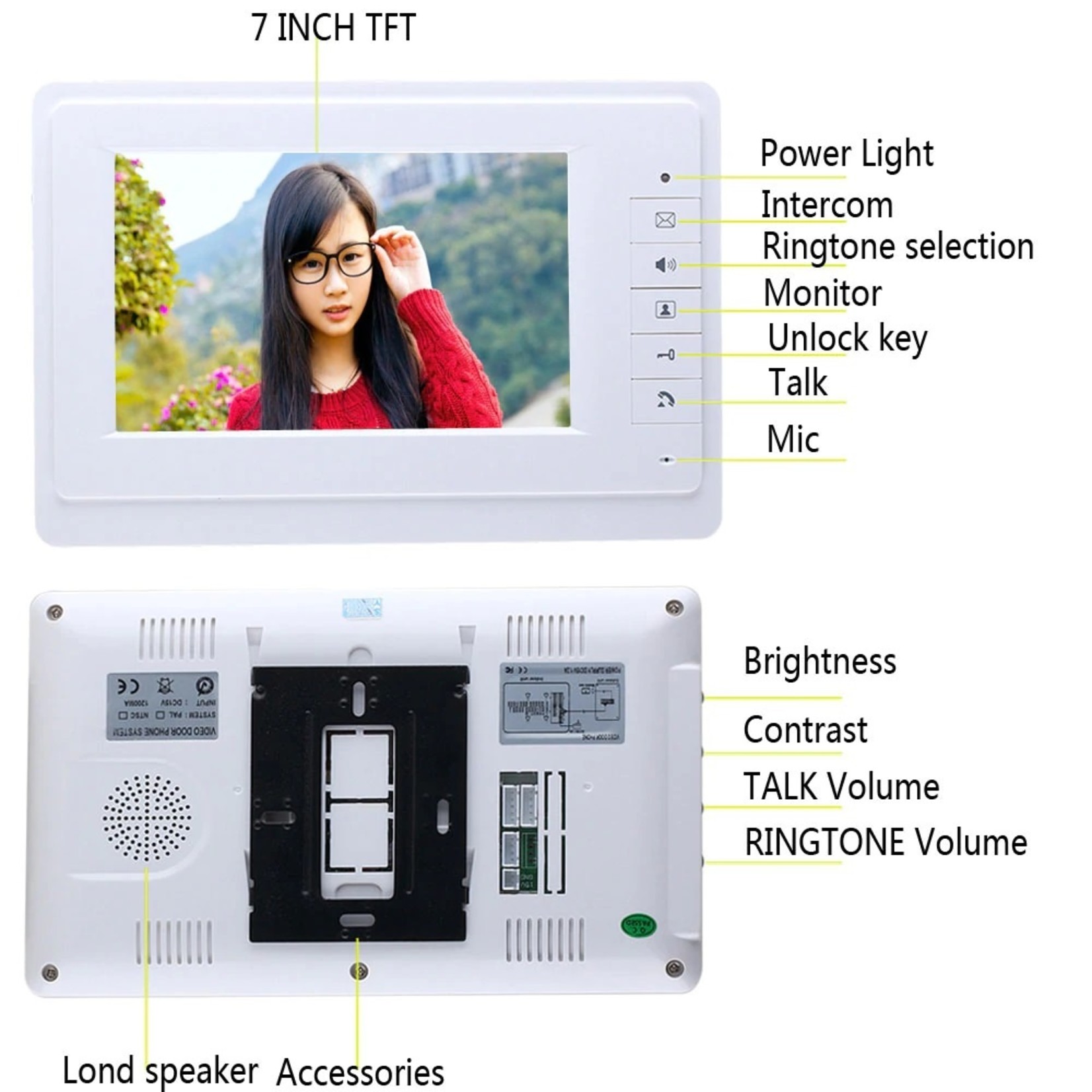 Deurintercom -7'' kleurenmonitor en foto/video camera