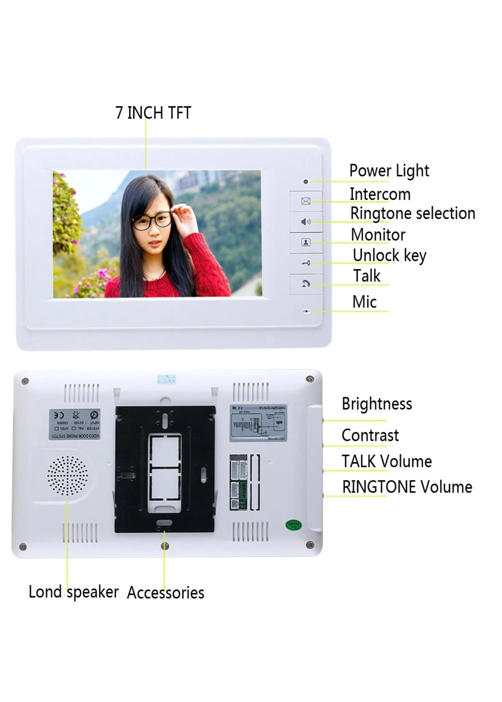 Deurintercom -7'' kleurenmonitor en foto/video camera