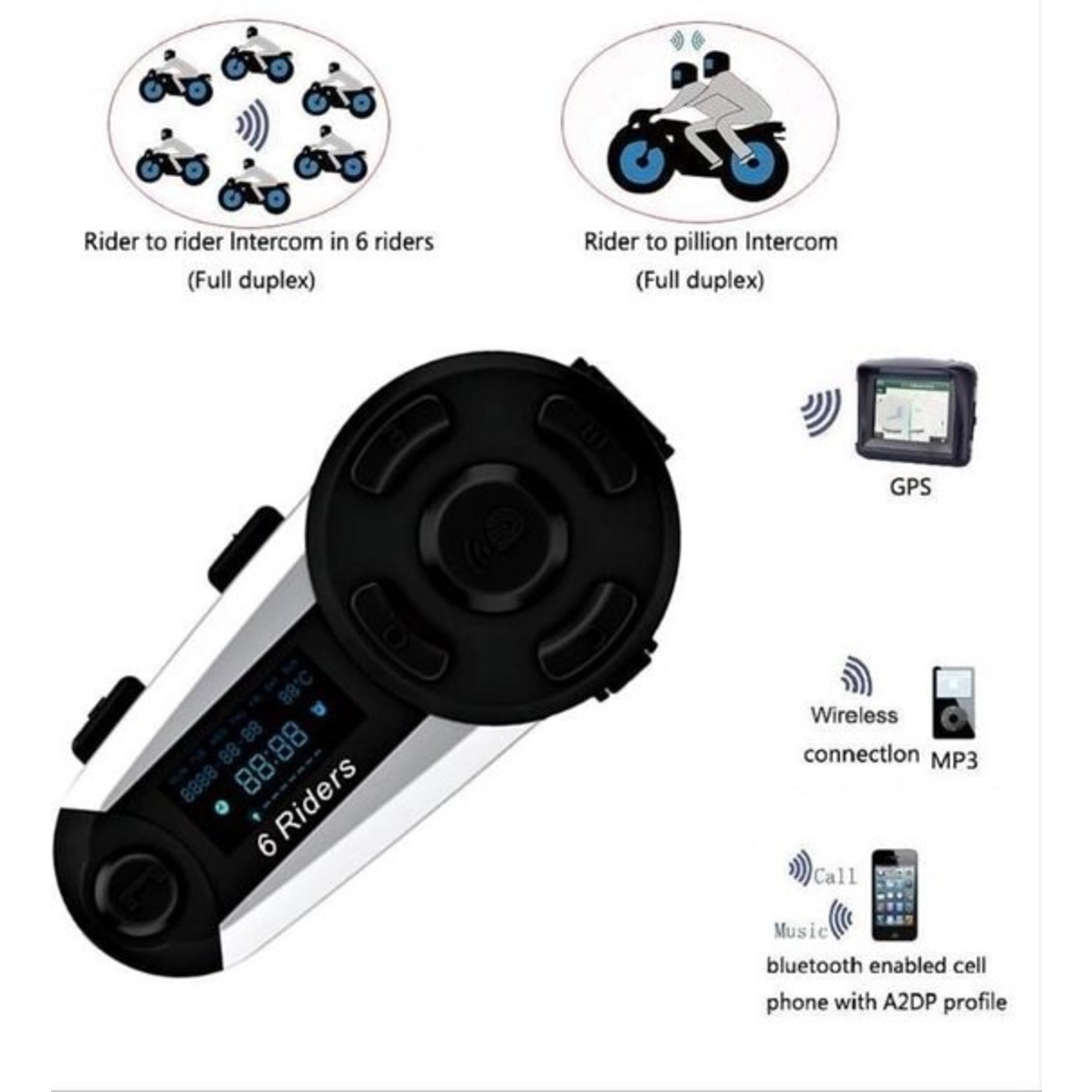 V6 Plus Bluetooth Motorhelm Intercom Headset Interphone 1200M 6 Rider FM