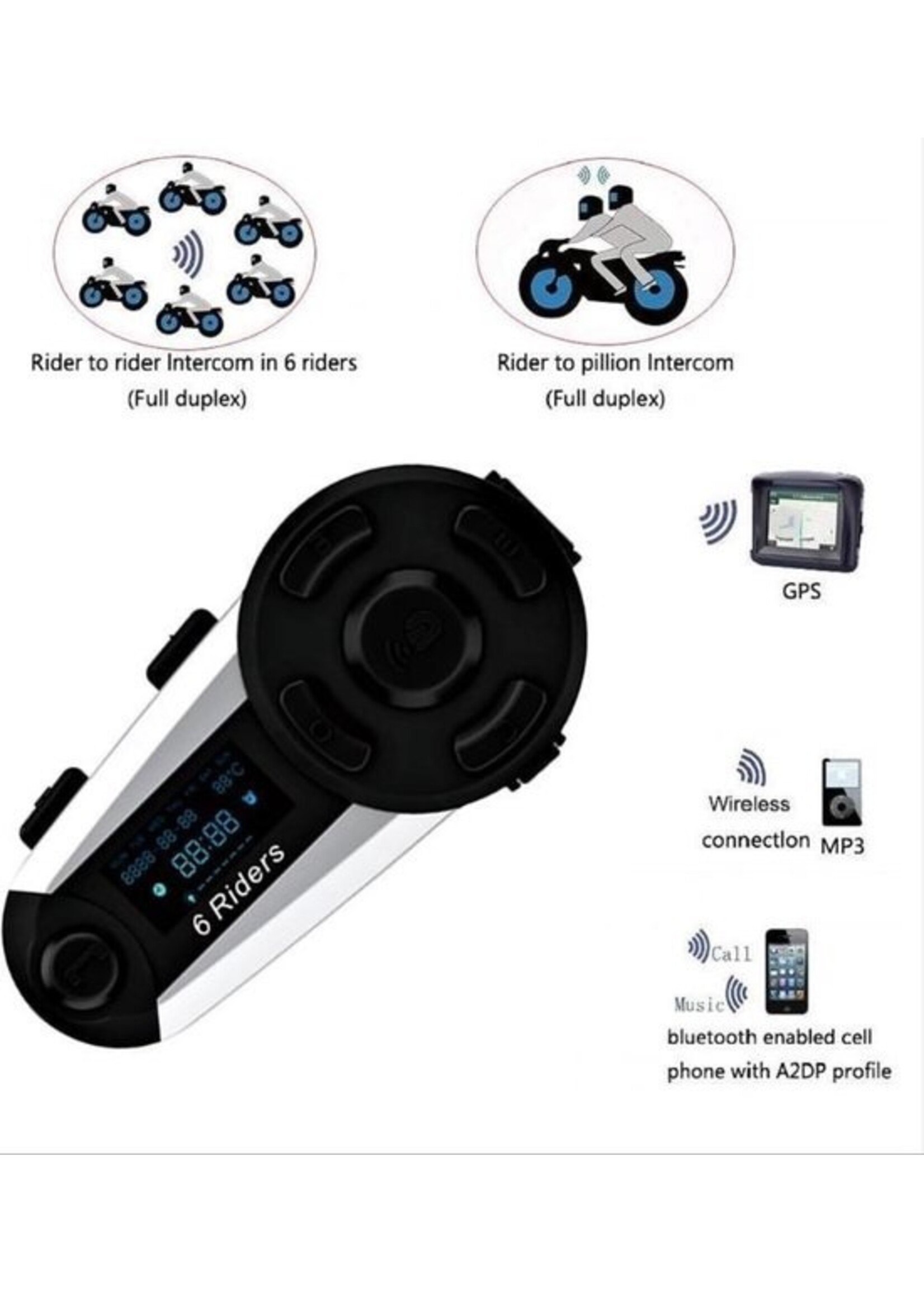 V6 Plus Bluetooth Motorhelm Intercom Headset Interphone 1200M 6 Rider FM
