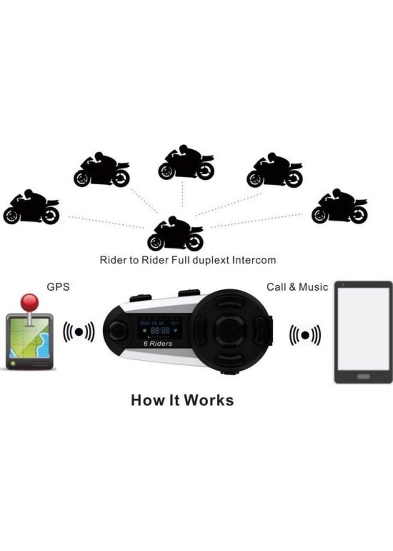 V6 Plus Bluetooth Motorhelm Intercom Headset Interphone 1200M 6 Rider FM