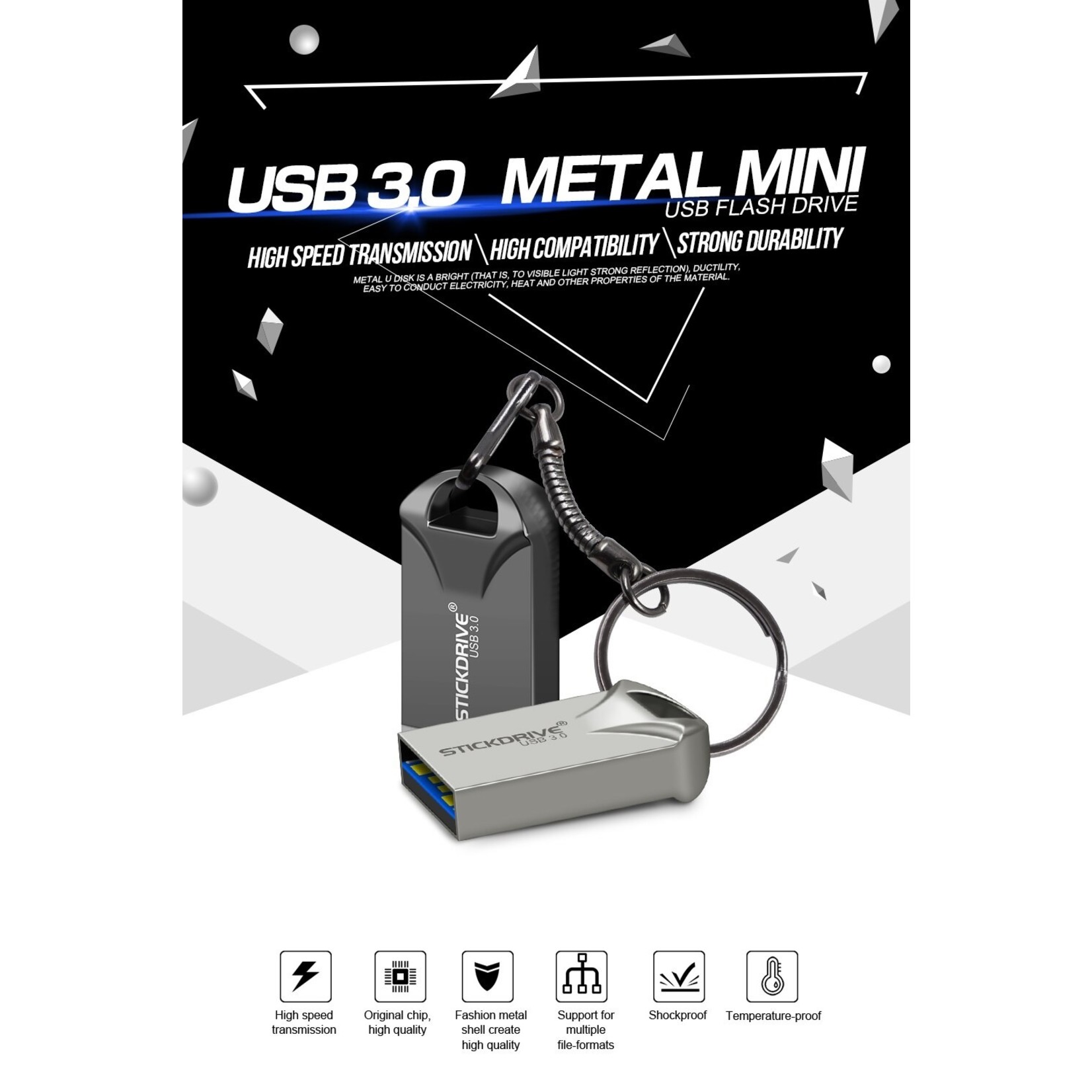 USB 3.0 metalen flashdrive sleutelhanger USB-geheugensticks Snelheid USB3.0-zwart