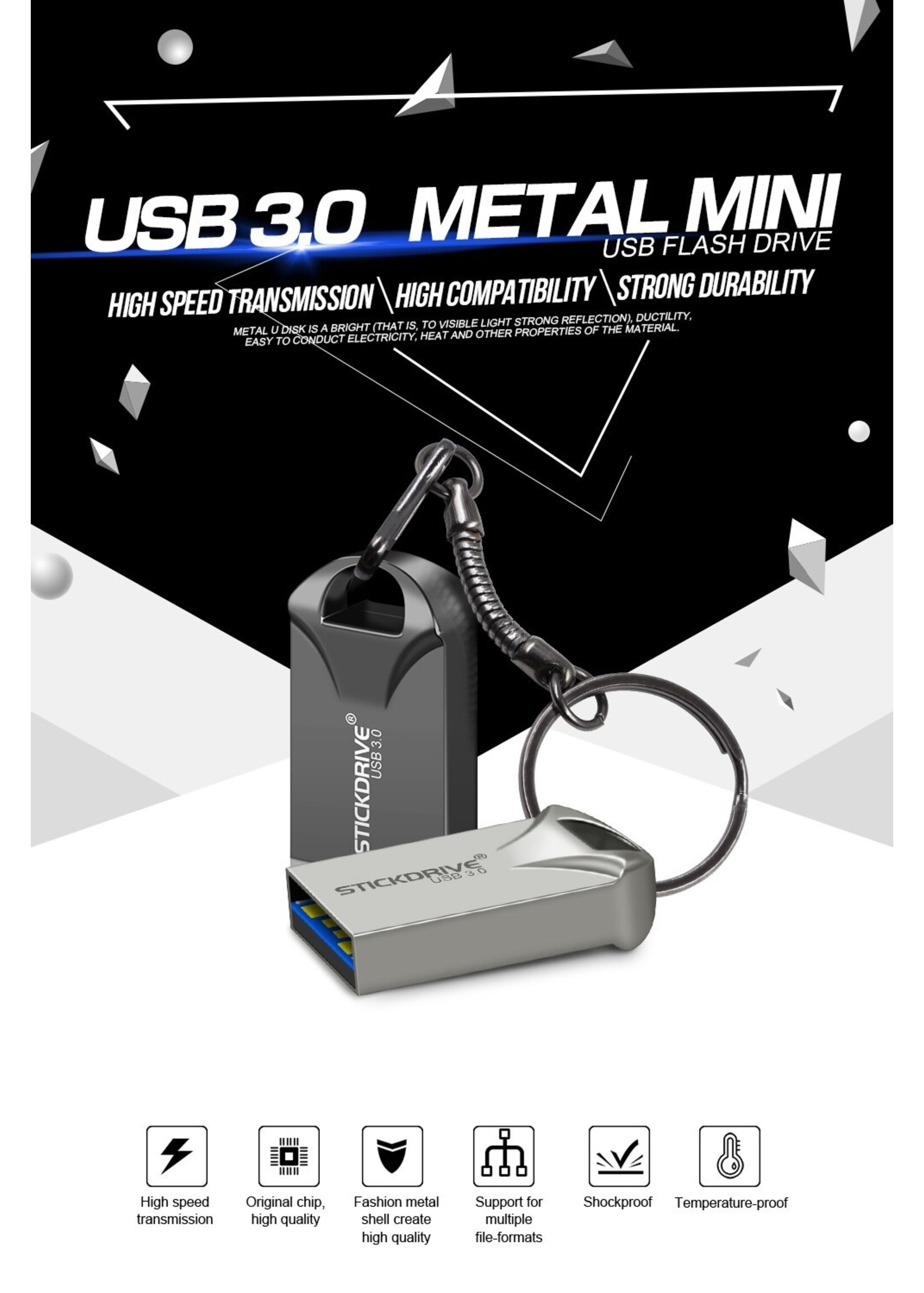 USB 3.0 metalen flashdrive sleutelhanger USB-geheugensticks Snelheid USB3.0-zwart