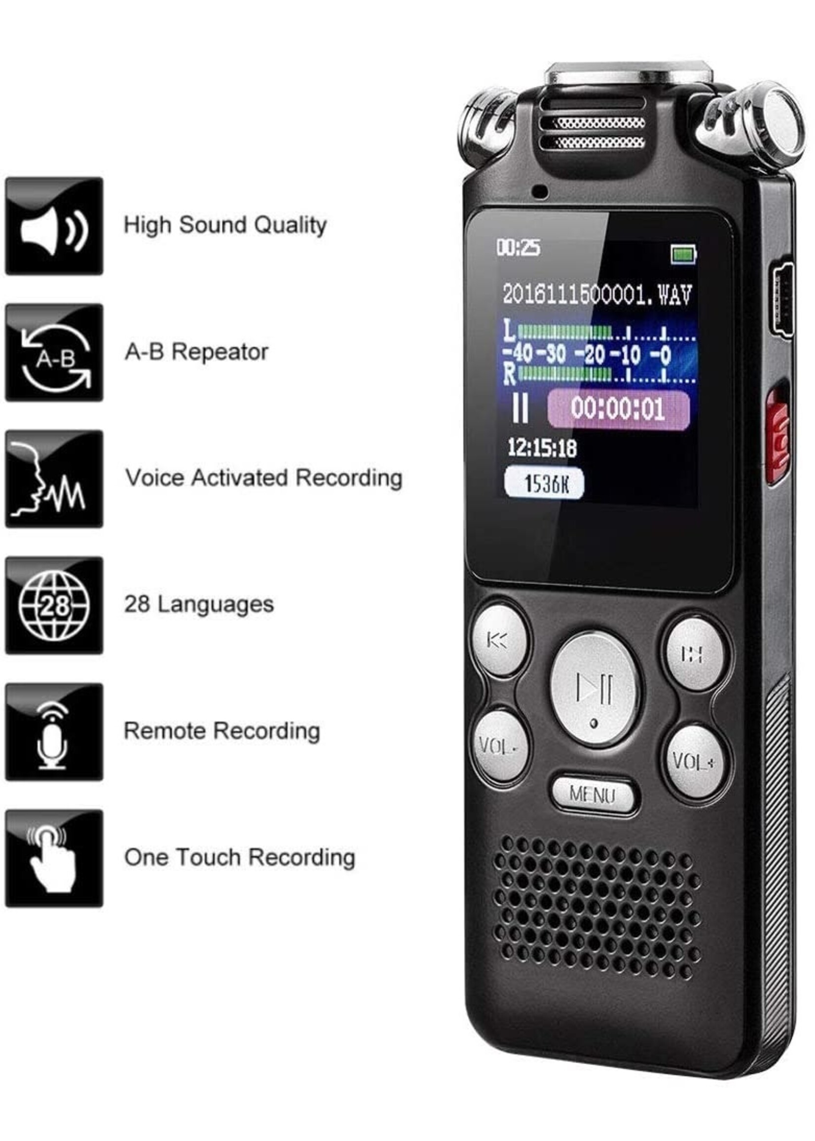 Draagbare spraakrecorder, dictafoon Ruisonderdrukking A-B herhalen Tweewegmicrofoon Lossless multifunctioneel USB-opladen voor