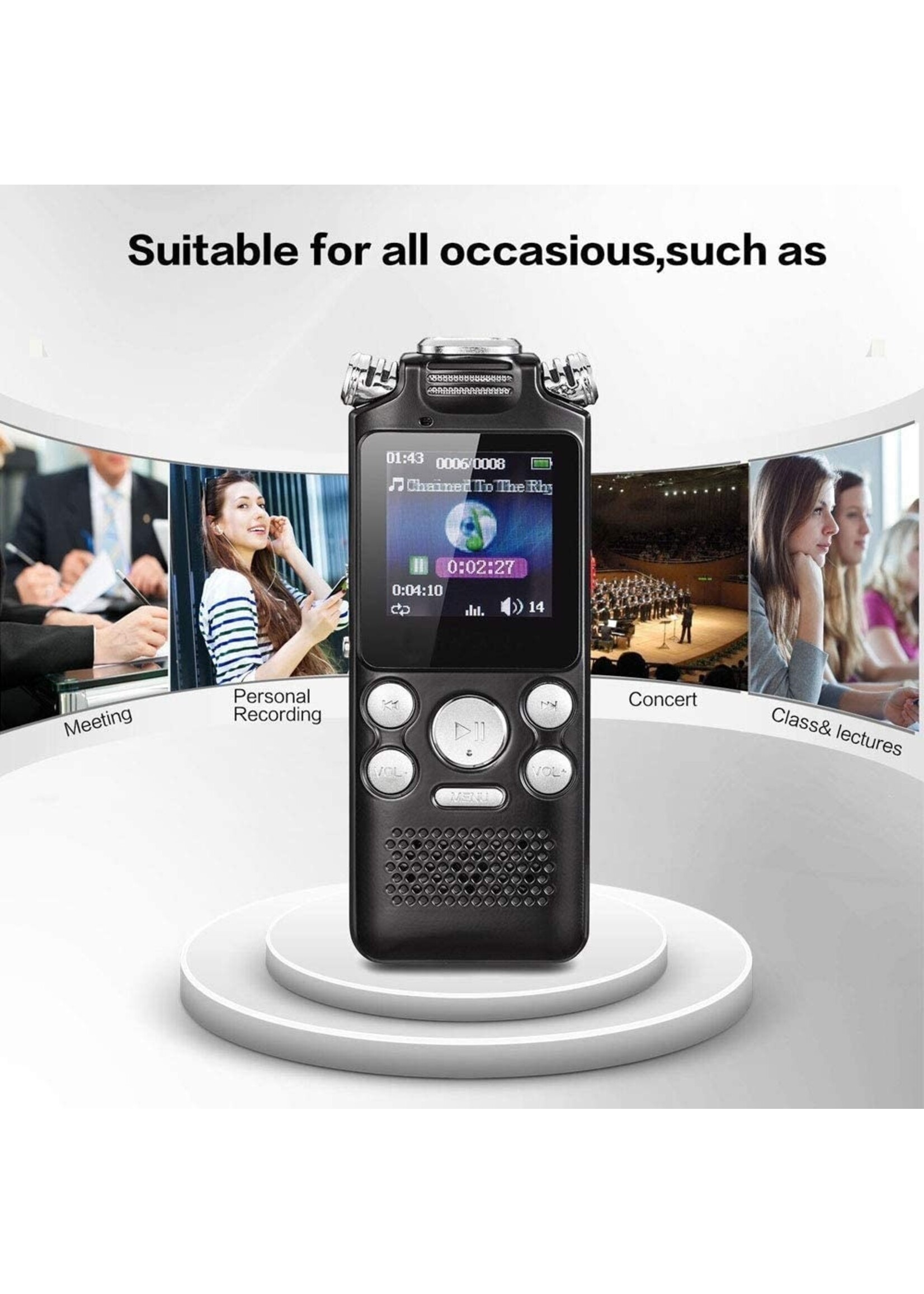 Draagbare spraakrecorder, dictafoon Ruisonderdrukking A-B herhalen Tweewegmicrofoon Lossless multifunctioneel USB-opladen voor