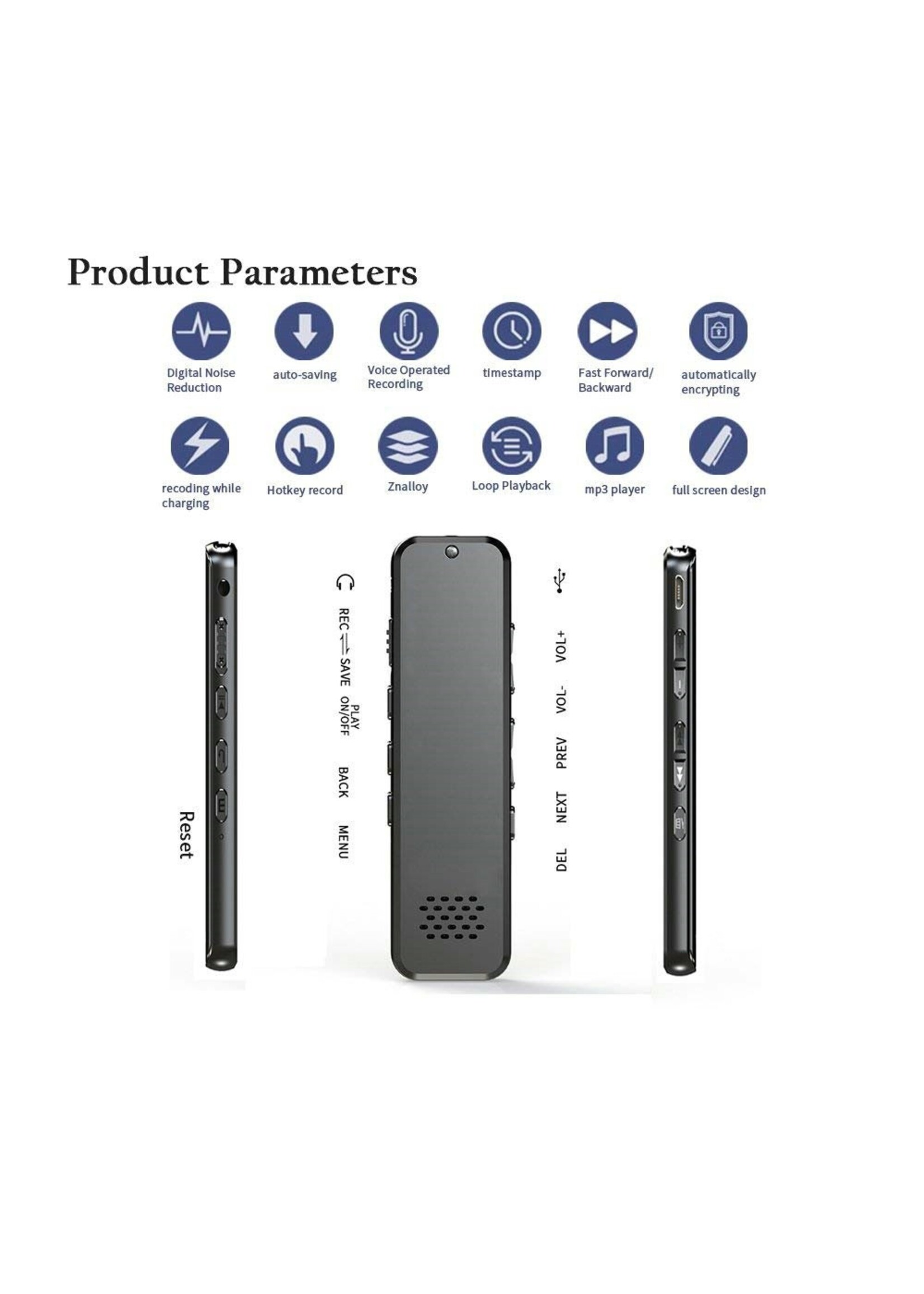 8gb Digitale spraakrecorder Sneltoets Geluid Audio-opname Dubbele microfoons Ruisonderdrukkingsvergrendeling 3D Edge Screen Spraakgestuurd