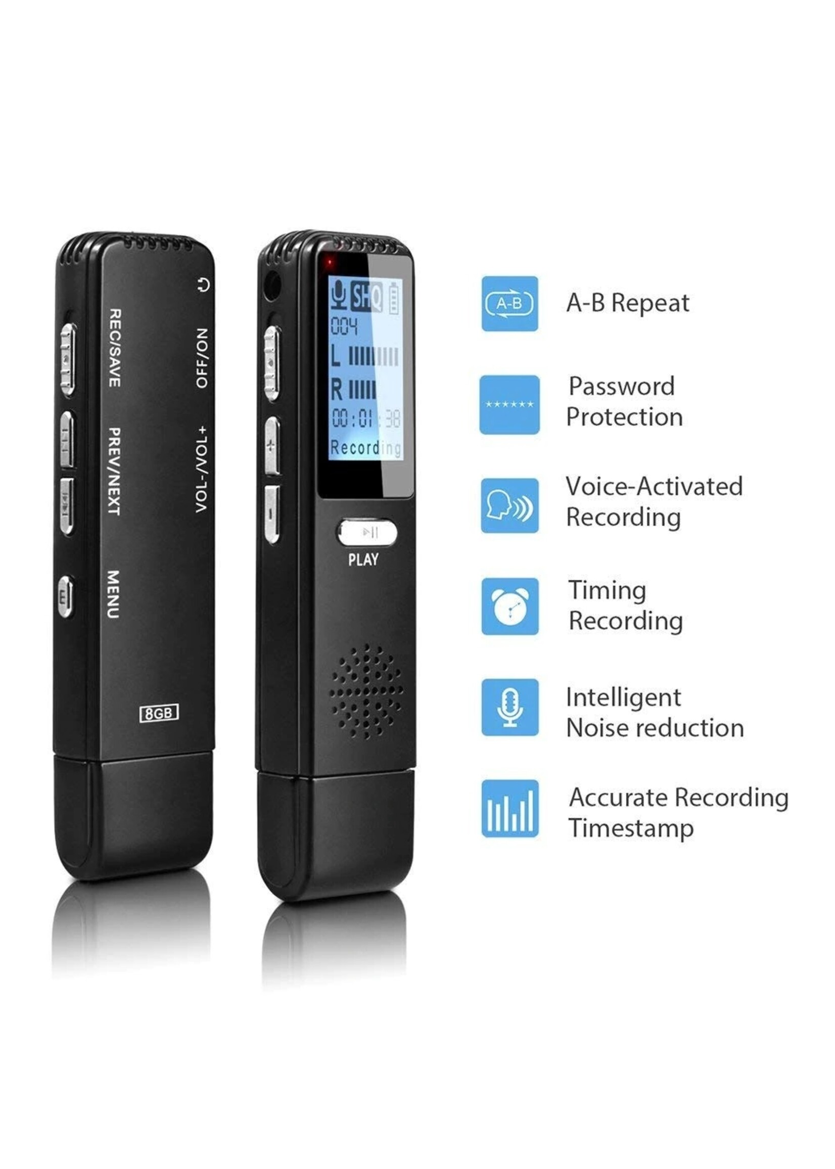 Premium Digitale Recorder - Premium Voice Recorder - Multifunctionele Voice Recorder - Dictafoon 8 GB - Audio Memo Recorder Met USB - Spraak Recorder - Sound – Geluid Recorder - Opname Apparaat - Met MP3 Speler Functie – 8GB