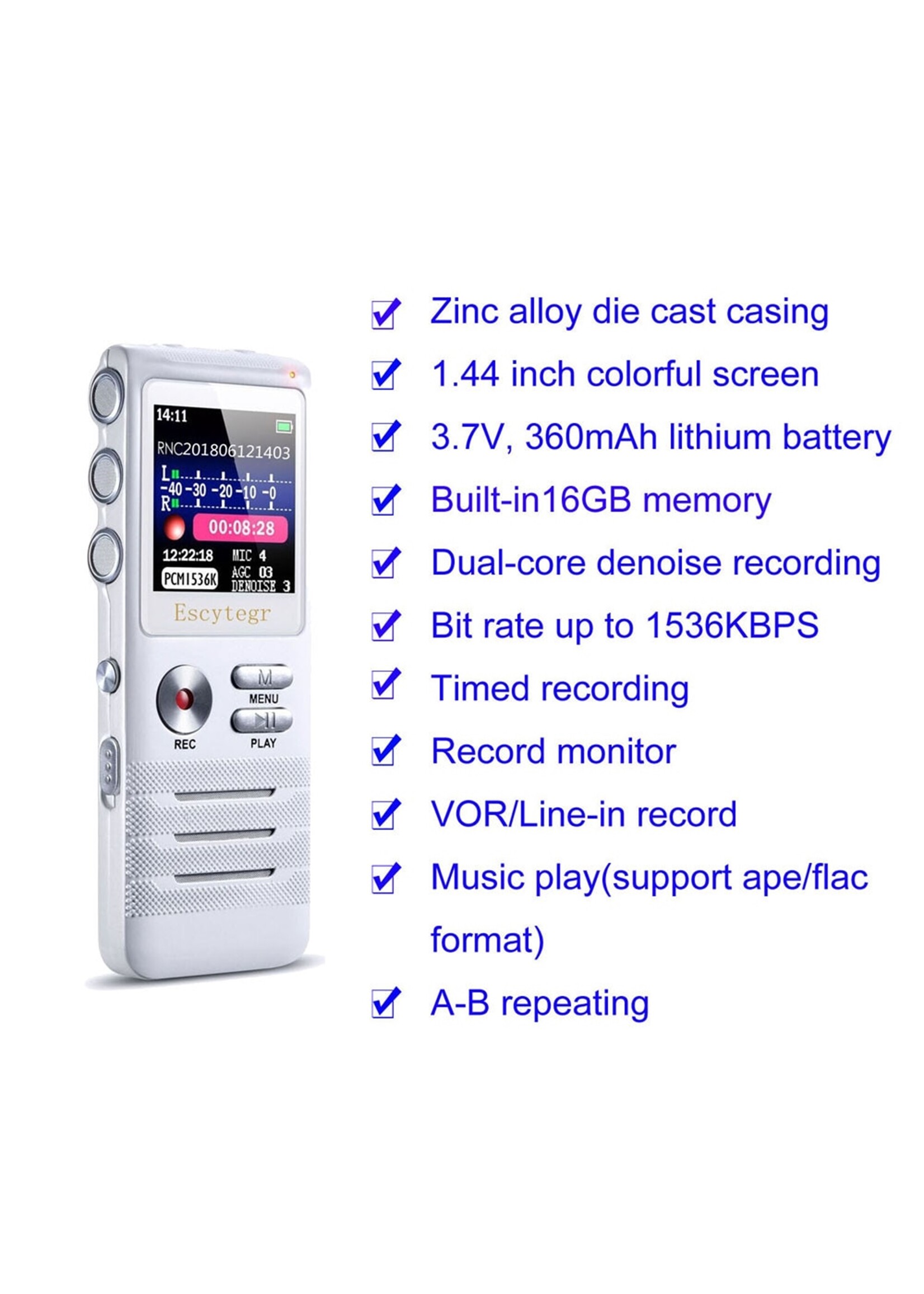 Premium Digitale Recorder - Premium Voice Recorder - Multifunctionele Voice Recorder - Dictafoon 16 GB - Audio Memo Recorder Met USB - Spraak Recorder - Sound – Geluid Recorder - Opname Apparaat - Met MP3 Speler Functie – 16GB