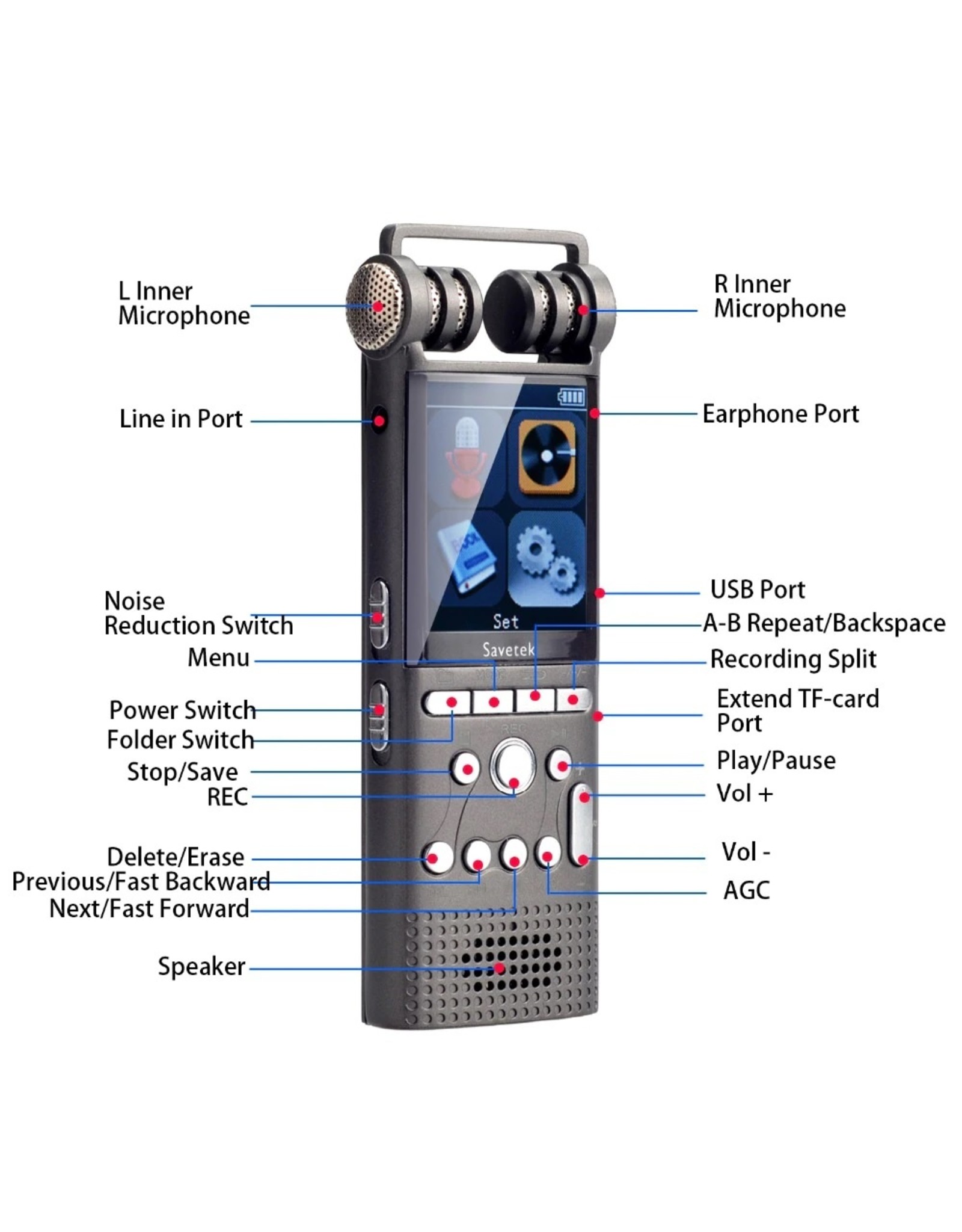 Merkloos Premium Digitale Recorder - Premium Voice Recorder - Multifunctionele Voice Recorder - Dictafoon 8 GB - Audio Memo Recorder Met USB - Spraak Recorder - Sound – Geluid Recorder - Opname Apparaat - Met MP3 Speler Functie – Zwart