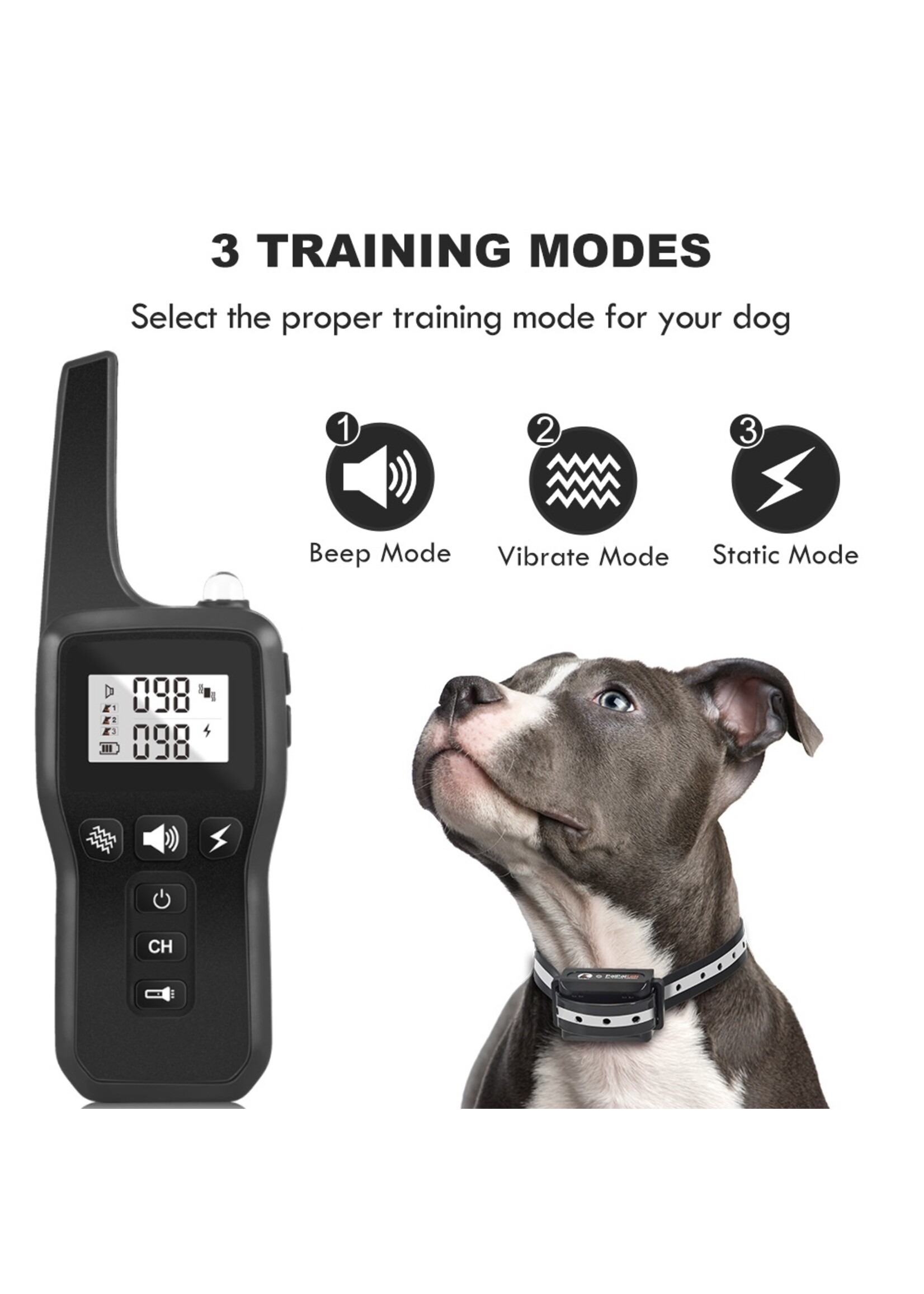 PD529 Elektrische hondentraining halsband 500m - huisdier afstandsbediening - anti blafschok voor hond - 3 modus met oplaadbare waterdichte ontvanger