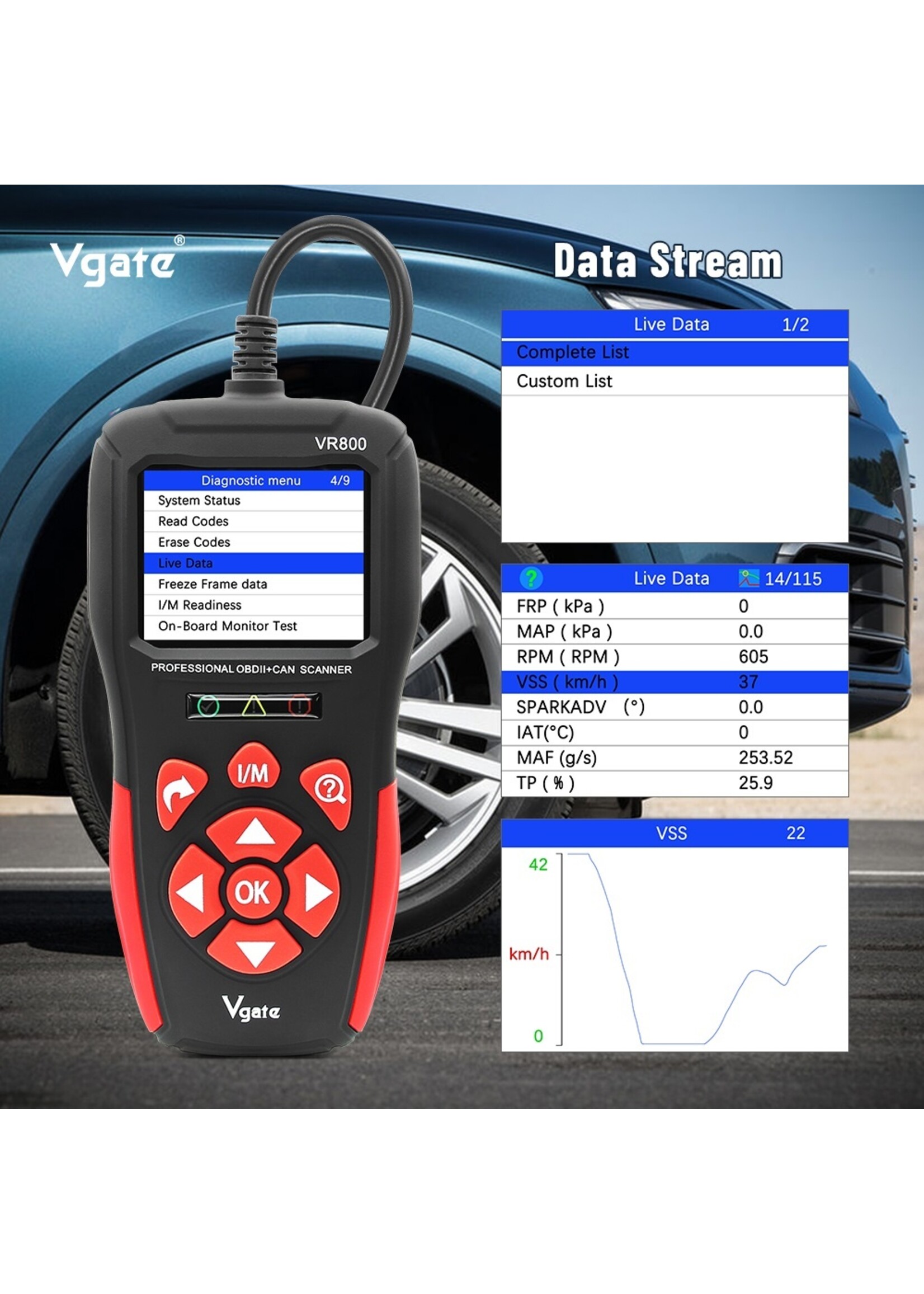 Vgate Vgate VR800 Code Reader OBD2 Scanner Auto Scan Gereedschap Automotive OBD 2 Diagnostisch Auto OBD Tool