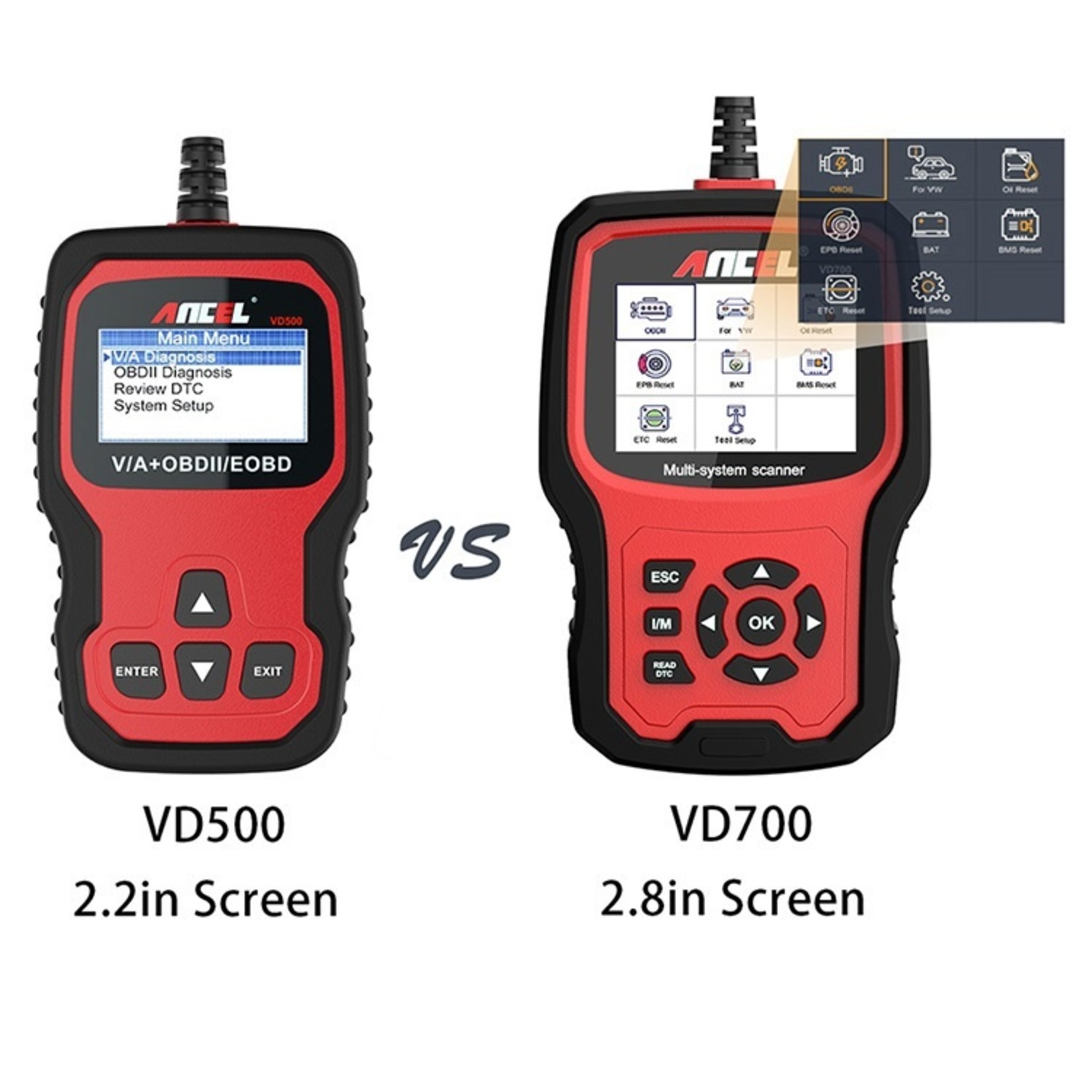 Ancel ANCEL VD700 OBD2-scanner Check Engine ABS SRS Alle systemen Diagnostisch Tool met EPB ABS DPF TPMS Oil Reset Injector Codering voor VW Audi Skoda Seat EOBD Code Reader Gratis update