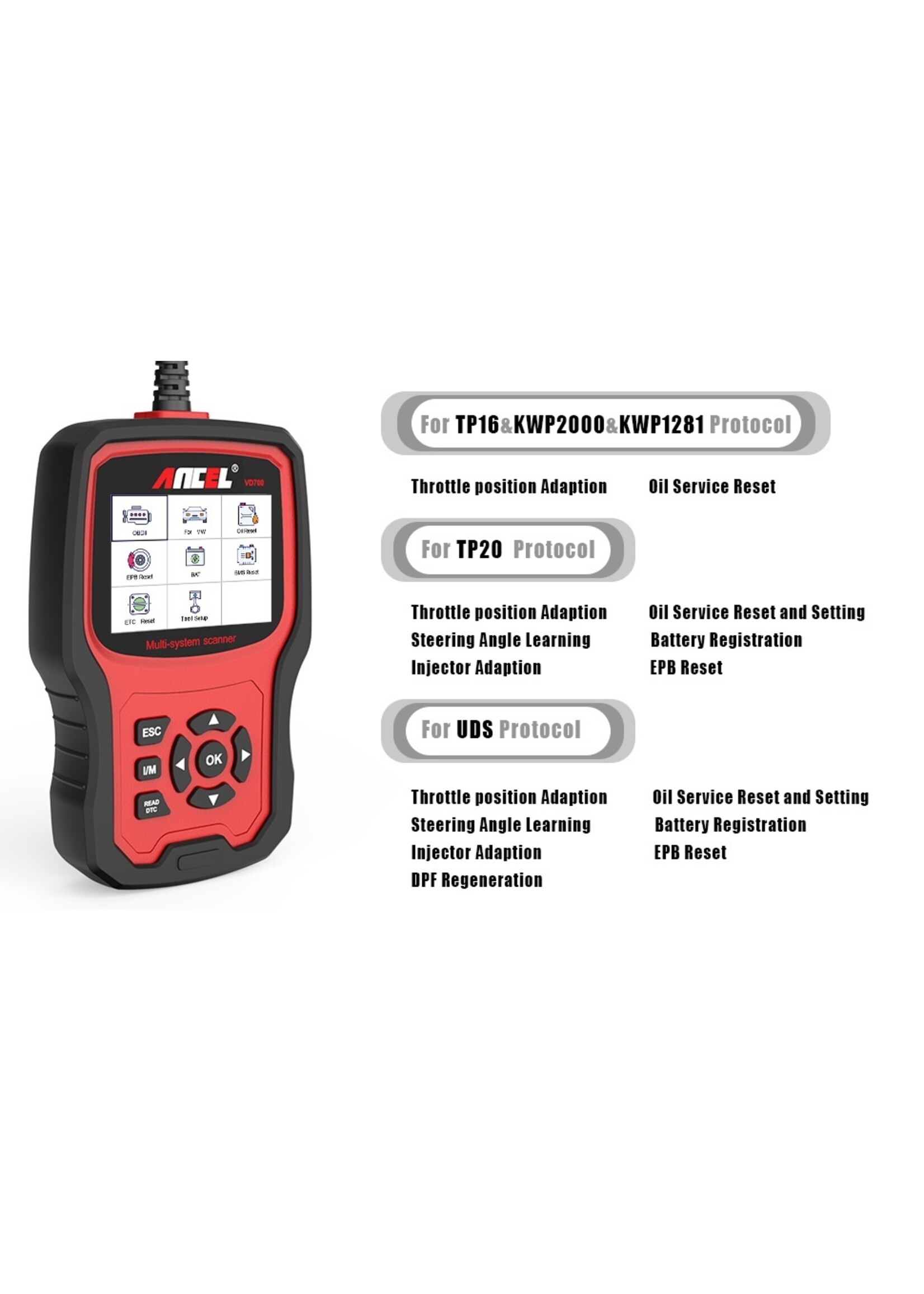 Ancel ANCEL VD700 OBD2-scanner Check Engine ABS SRS Alle systemen Diagnostisch Tool met EPB ABS DPF TPMS Oil Reset Injector Codering voor Volkswagen, voor  Audi, voor Skoda, voor Seat EOBD Code Reader Gratis update
