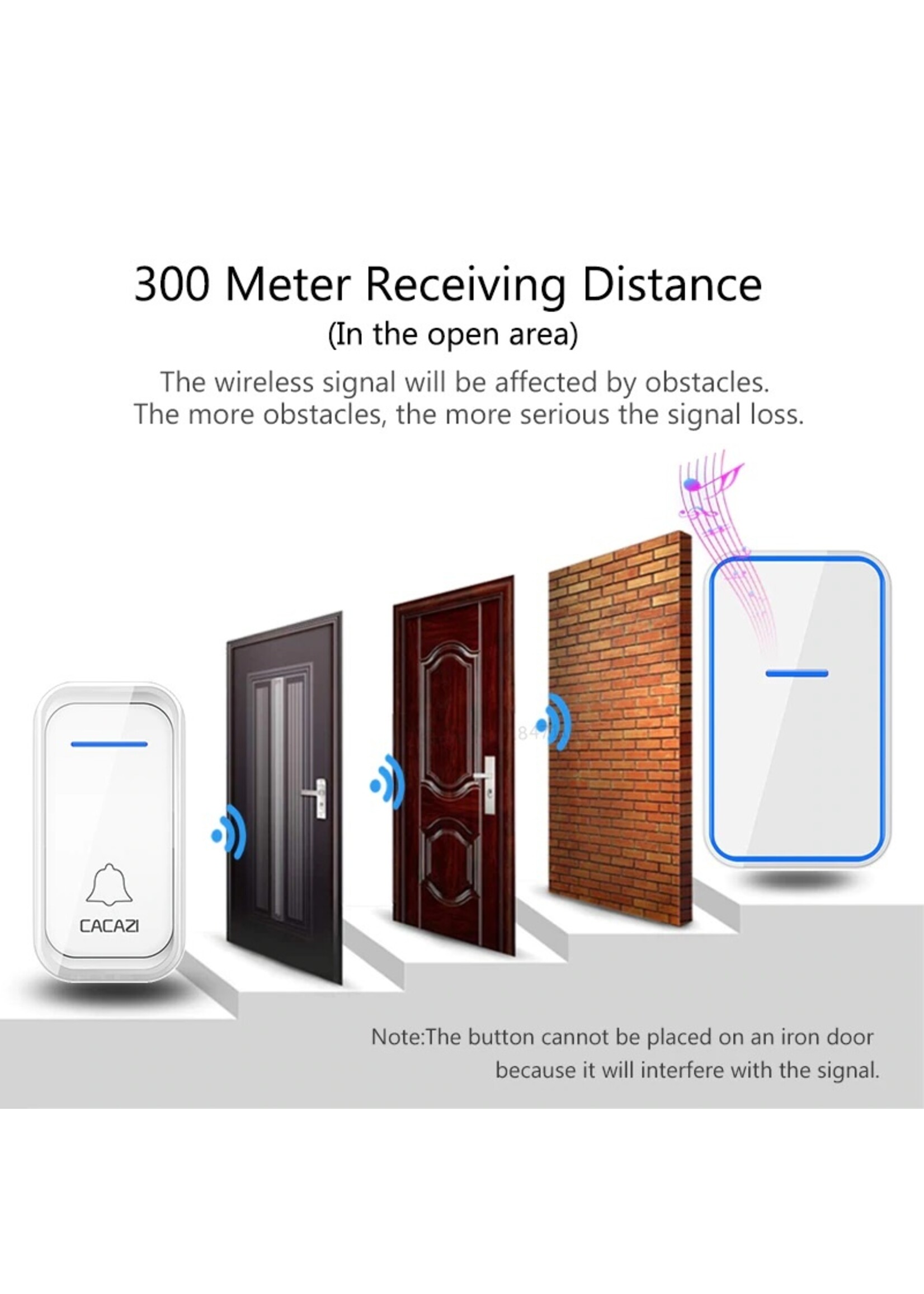 CACAZI Waterdichte Draadloze Deurbel 300M Afstandsbediening Intelligente LED Licht Home Deurbel