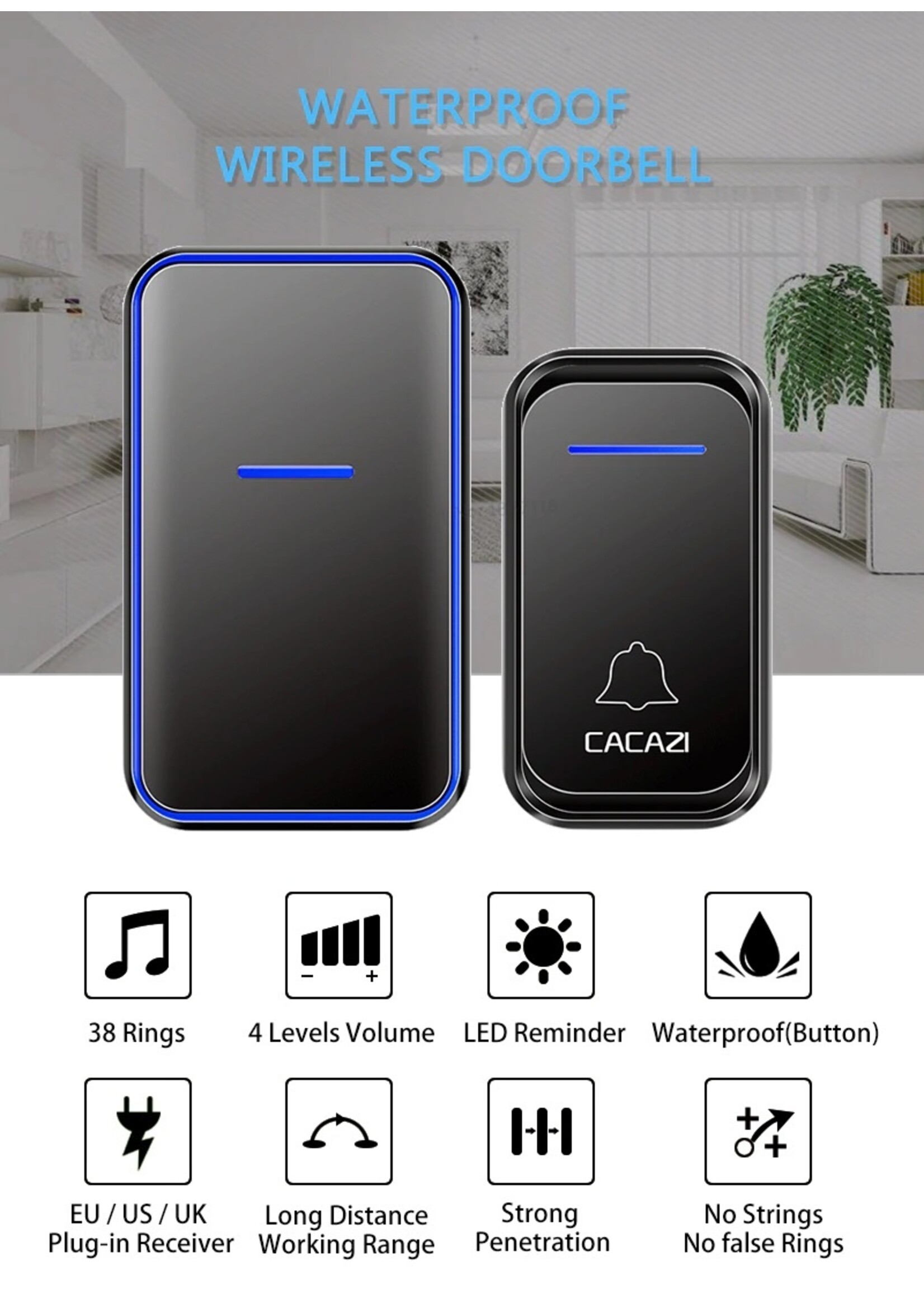 CACAZI Waterdichte Draadloze Deurbel 300M Afstandsbediening Intelligente LED Licht Home Deurbel